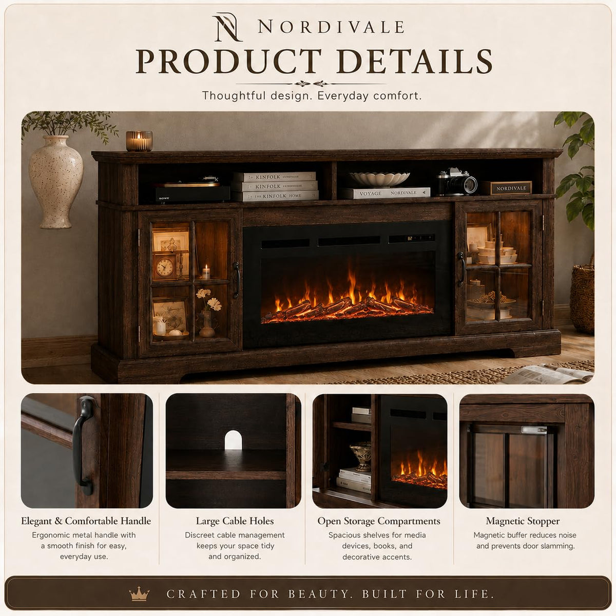 Aoxun Modern Fireplace TV Stand, Brown and Black