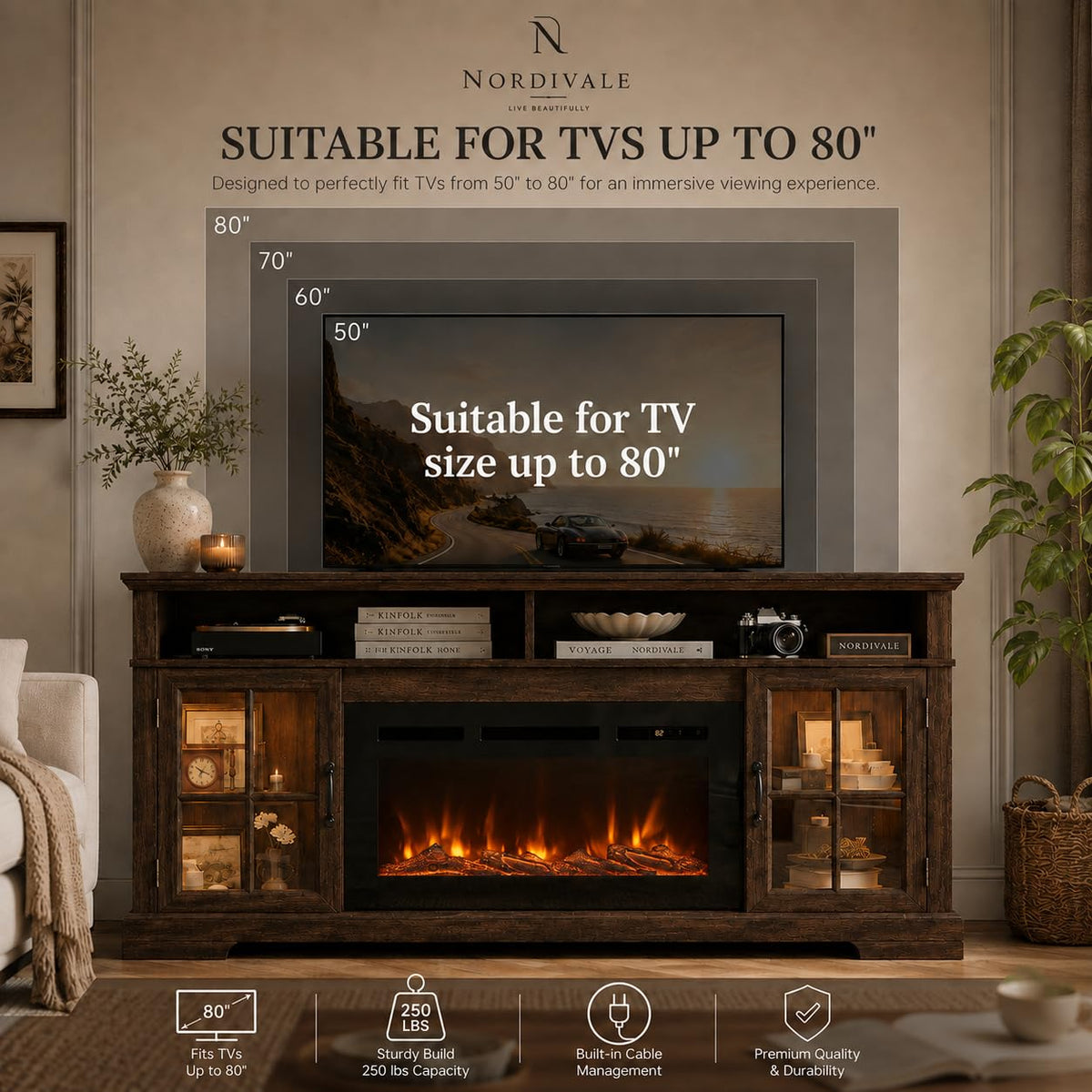 Aoxun Modern Fireplace TV Stand, Brown and Black
