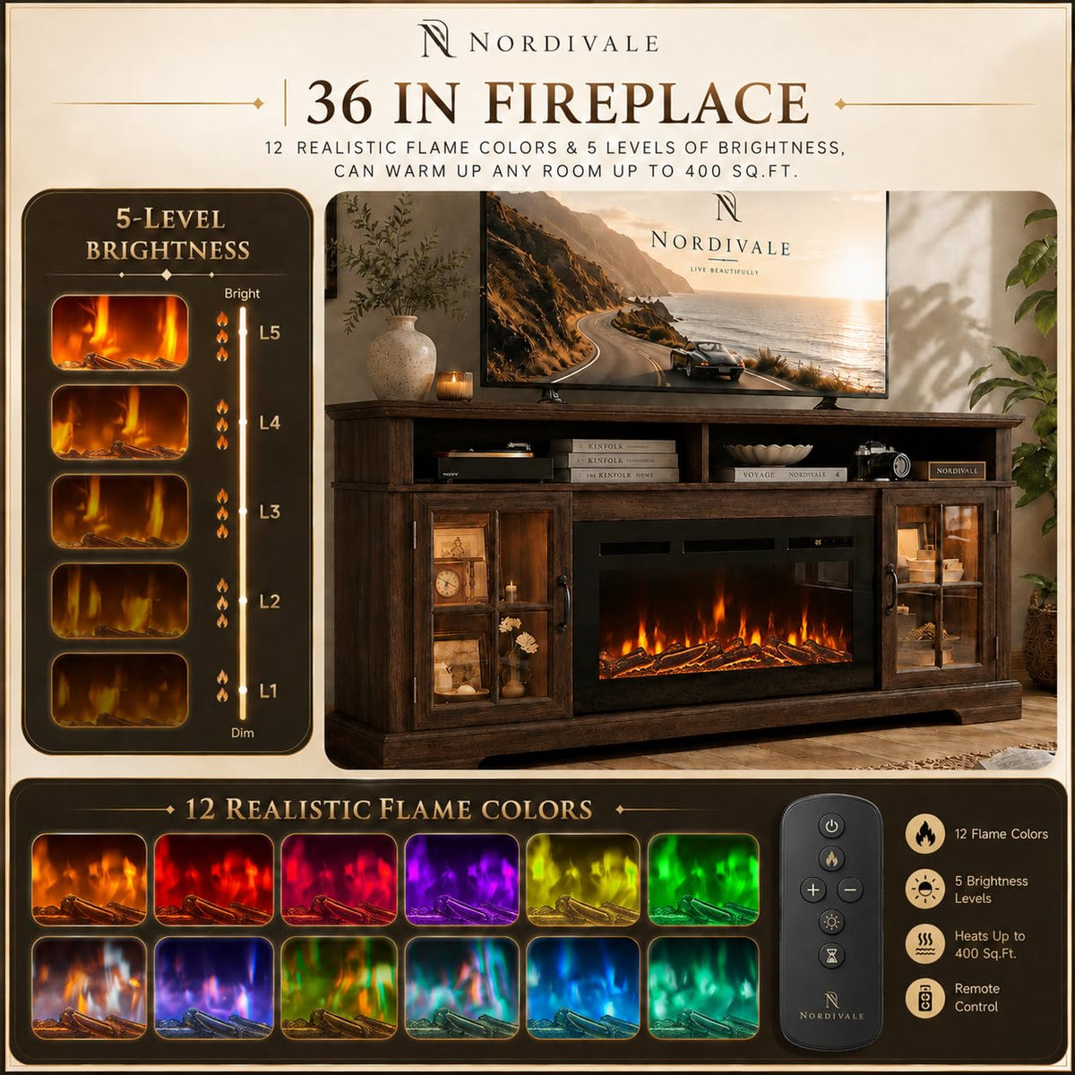 Aoxun Modern Fireplace TV Stand, Brown and Black