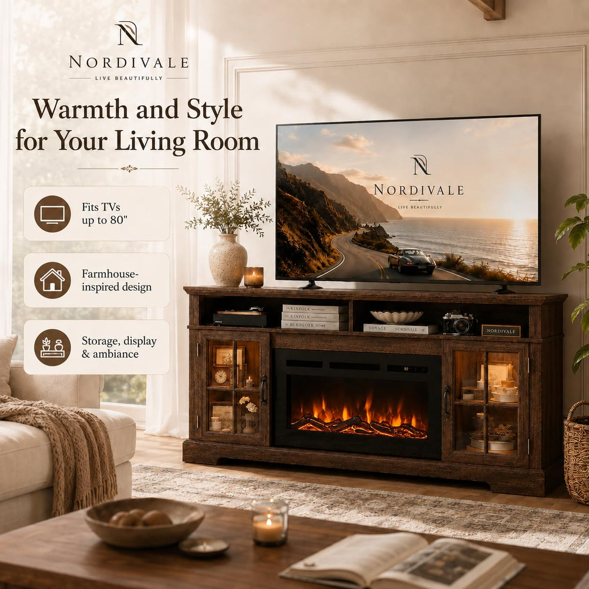 Aoxun Modern Fireplace TV Stand, Brown and Black