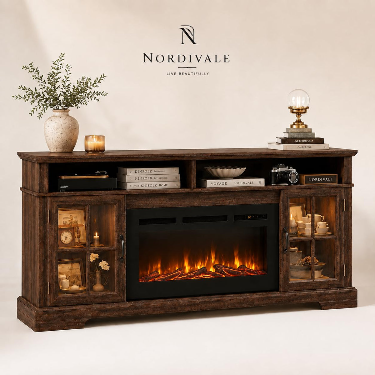 Aoxun Modern Fireplace TV Stand, Brown and Black