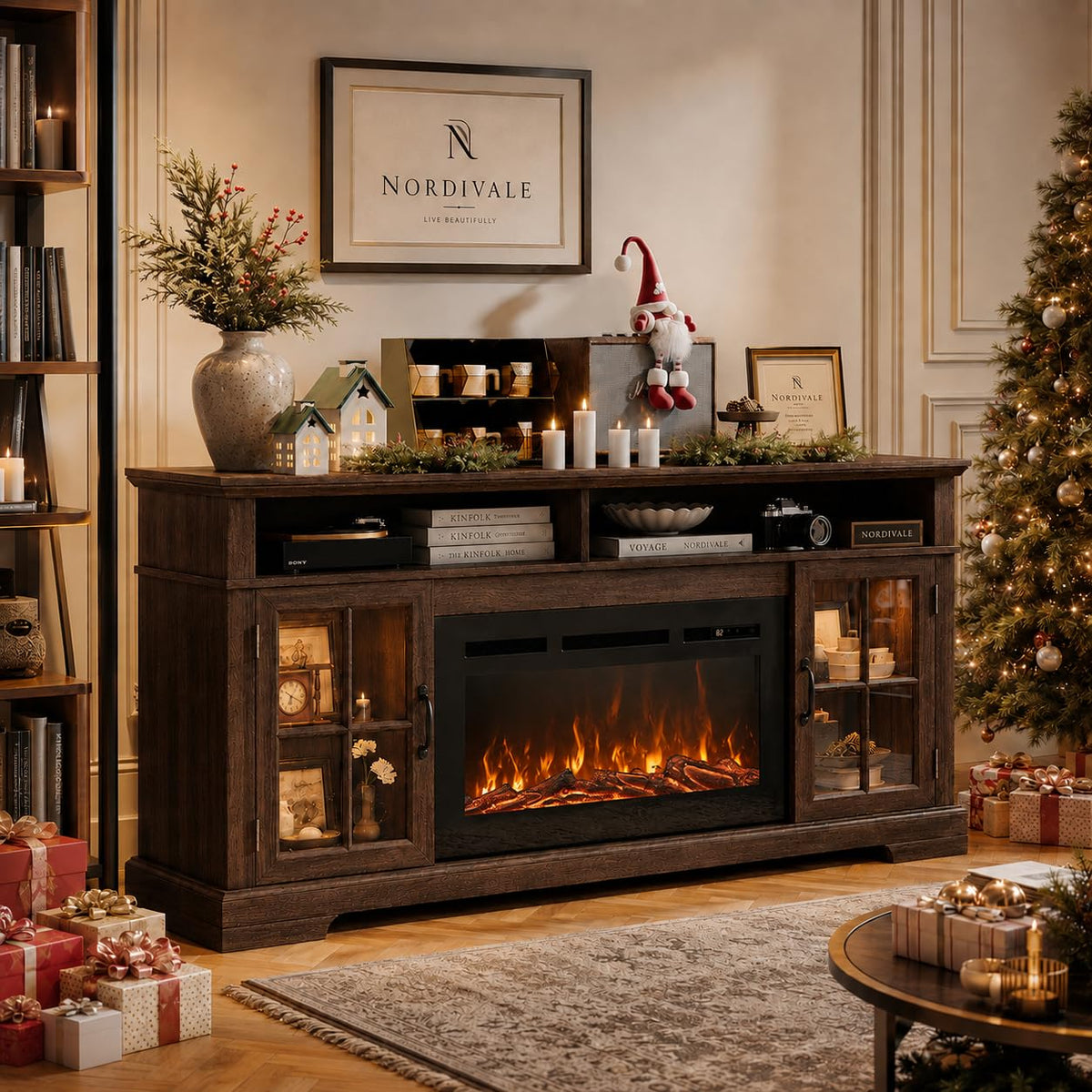 Aoxun Modern Fireplace TV Stand, Brown and Black