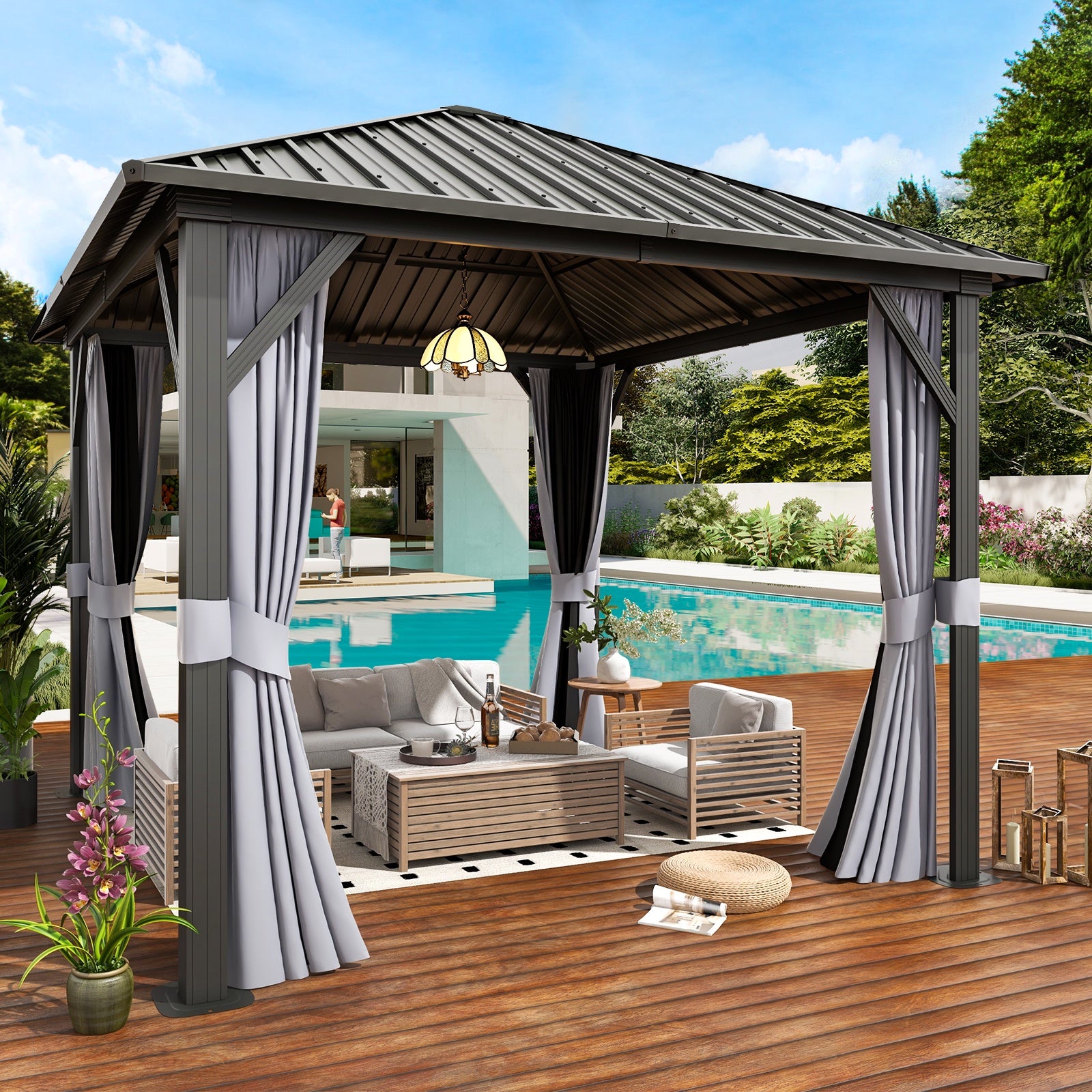 10 ft. x 10 ft. Hardtop Gazebo, Outdoor Aluminum Frame Permanent Pavilion with Curtains and Netting, Gray