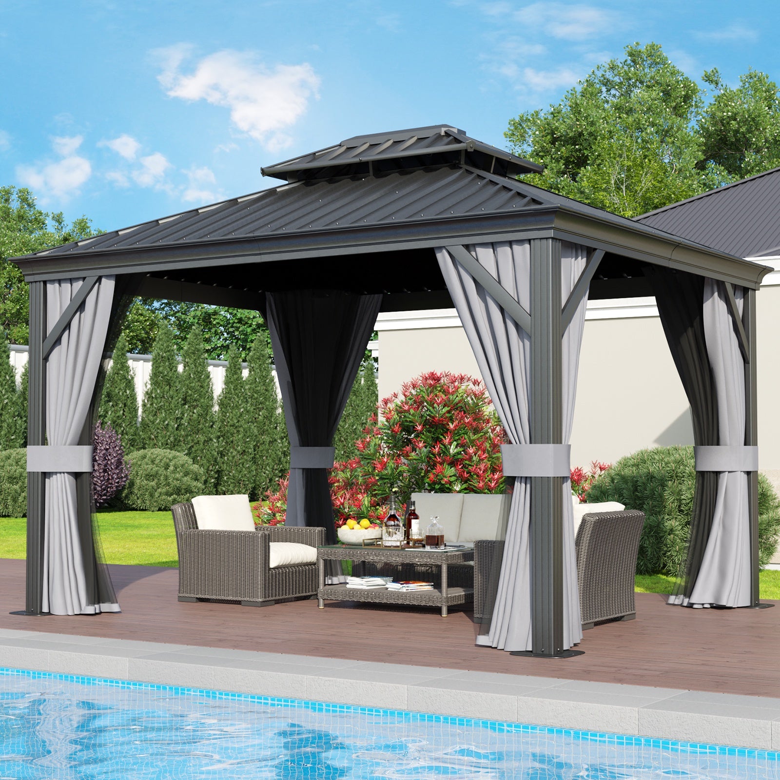 10' x 12' Outdoor Hardtop Gazebo, Galvanized Double Roof Canopy Gazebo,Aluminum Frame Permanent Pavilion with Mosquito Net and Privacy Curtain for Garden, Patio, Gray