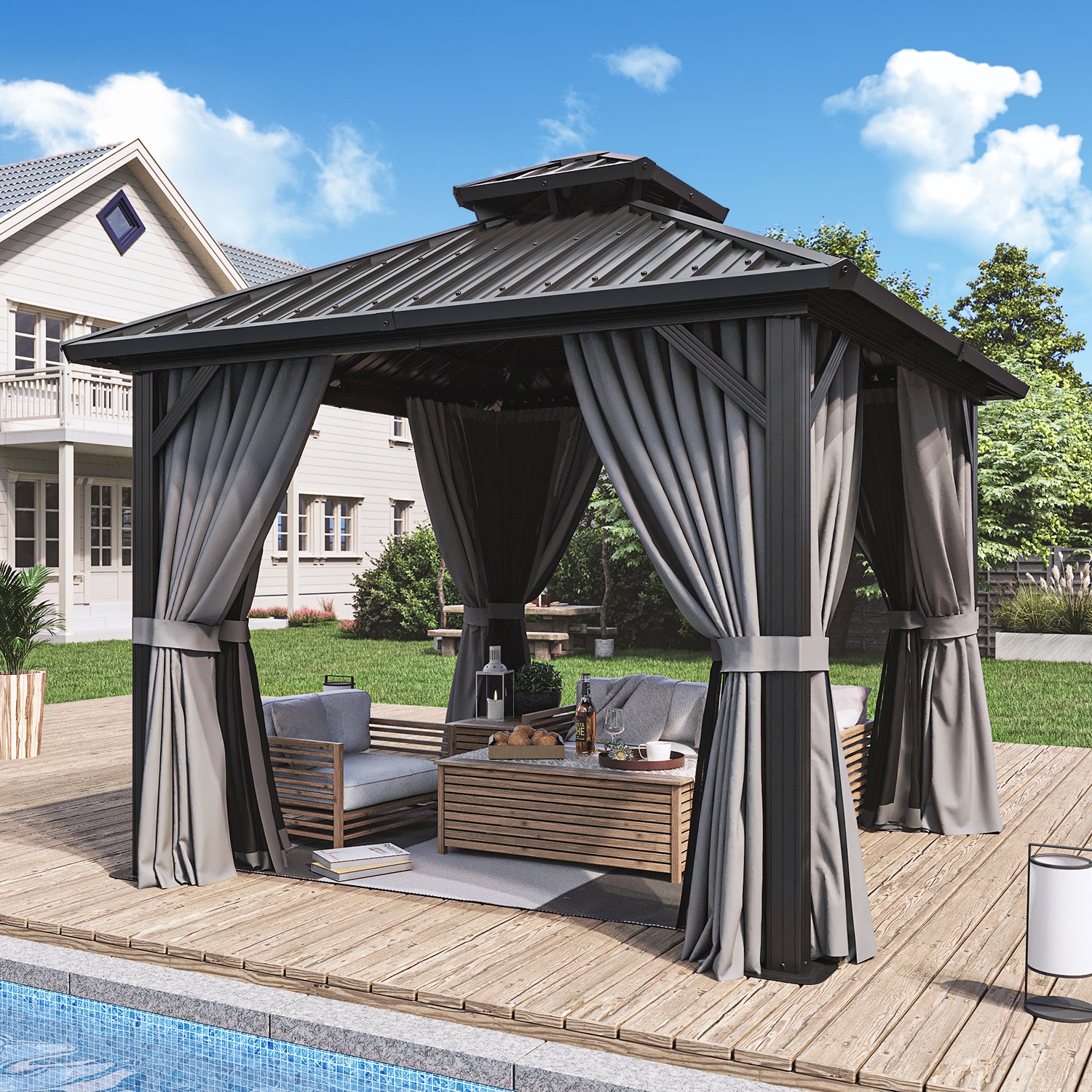 10' x 10' Hardtop Gazebo, Aluminum Frame Permanent Pavilion Double Galvanized Metal Roof with Curtains and Hooks for Garden, Patio, Backyard, Gray