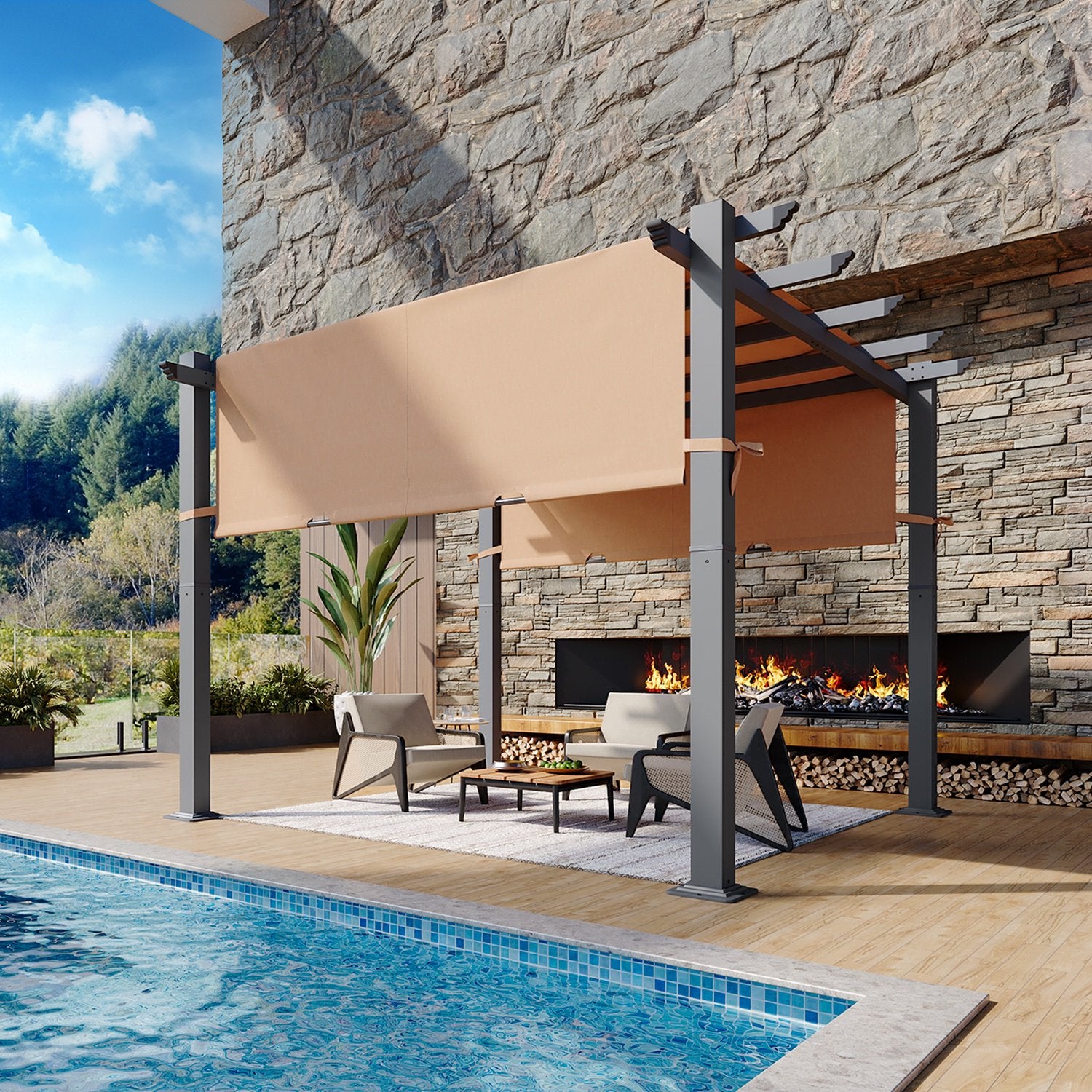 10x10Ft Outdoor Pergola, Patio Metal Pergolas Gazebos with Retractable Shade Canopy, Beige