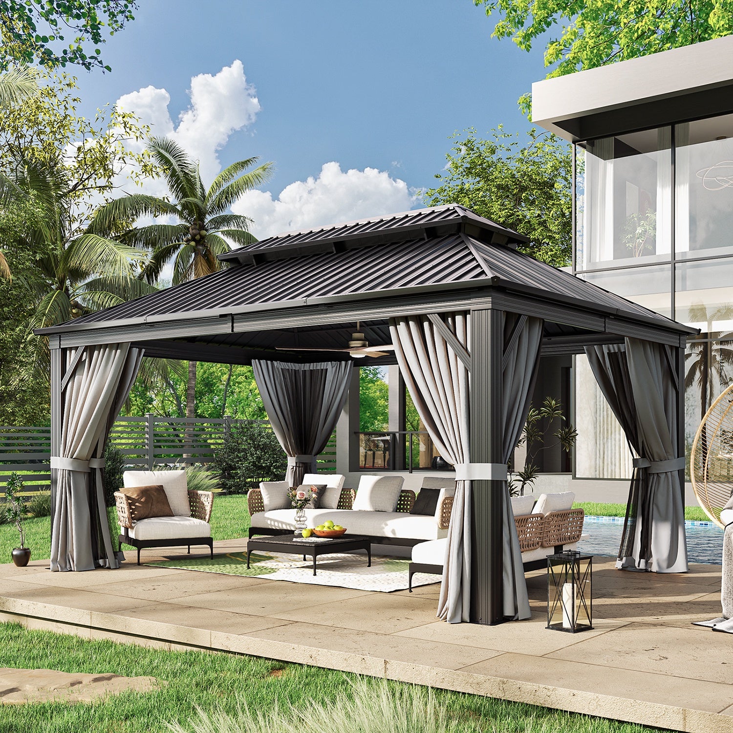 12' x 16' Outdoor Hardtop Gazebo, 2-Tier Galvanized Steel Roof Gazebo Aluminum Frame Permanent Pergolas with Netting and Curtains for Patio, Backyard, Garden, Lawns, Gray