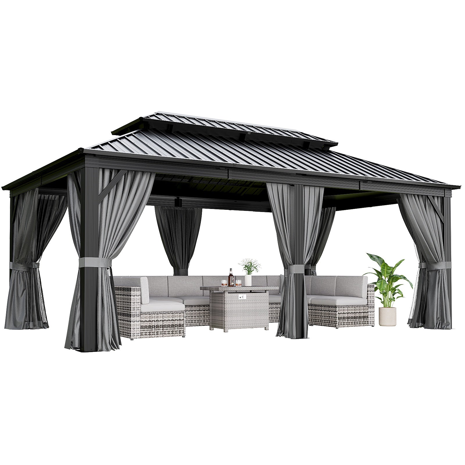 12' x 20' Outdoor Hardtop Gazebo, 2-Tier Galvanized Steel Roof Gazebo Aluminum Frame Permanent Pergolas with Netting and Curtains for Patio, Backyard, Garden, Lawns, Gray