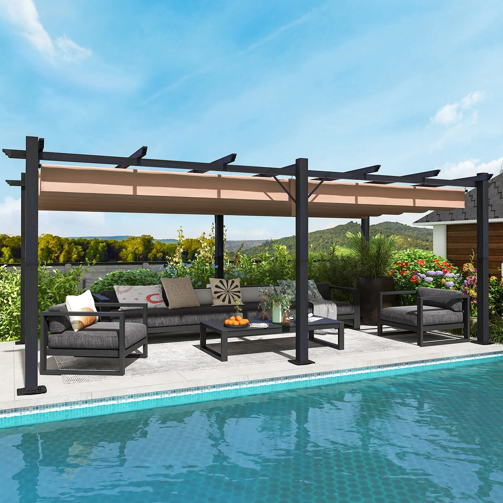 12x20Ft Outdoor Pergola, Patio Metal Pergolas Gazebos with Retractable Shade Canopy, Beige