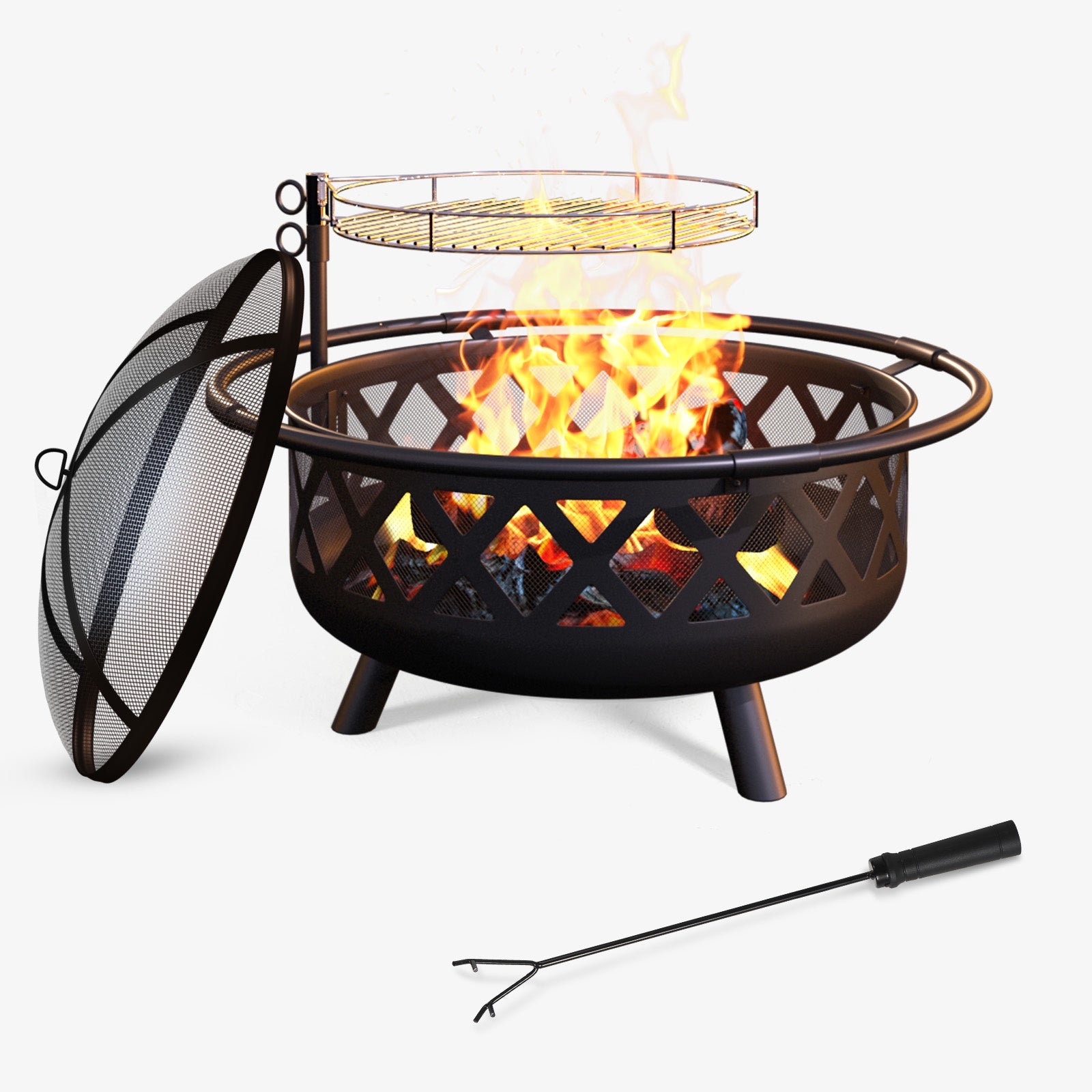 30 inch Outdoor Fire Pit with Cooking 2 in 1 Grate Wood Burning Firepit Steel Firepit Bowl with Swivel BBQ Grill, Poker for Backyard, Garden