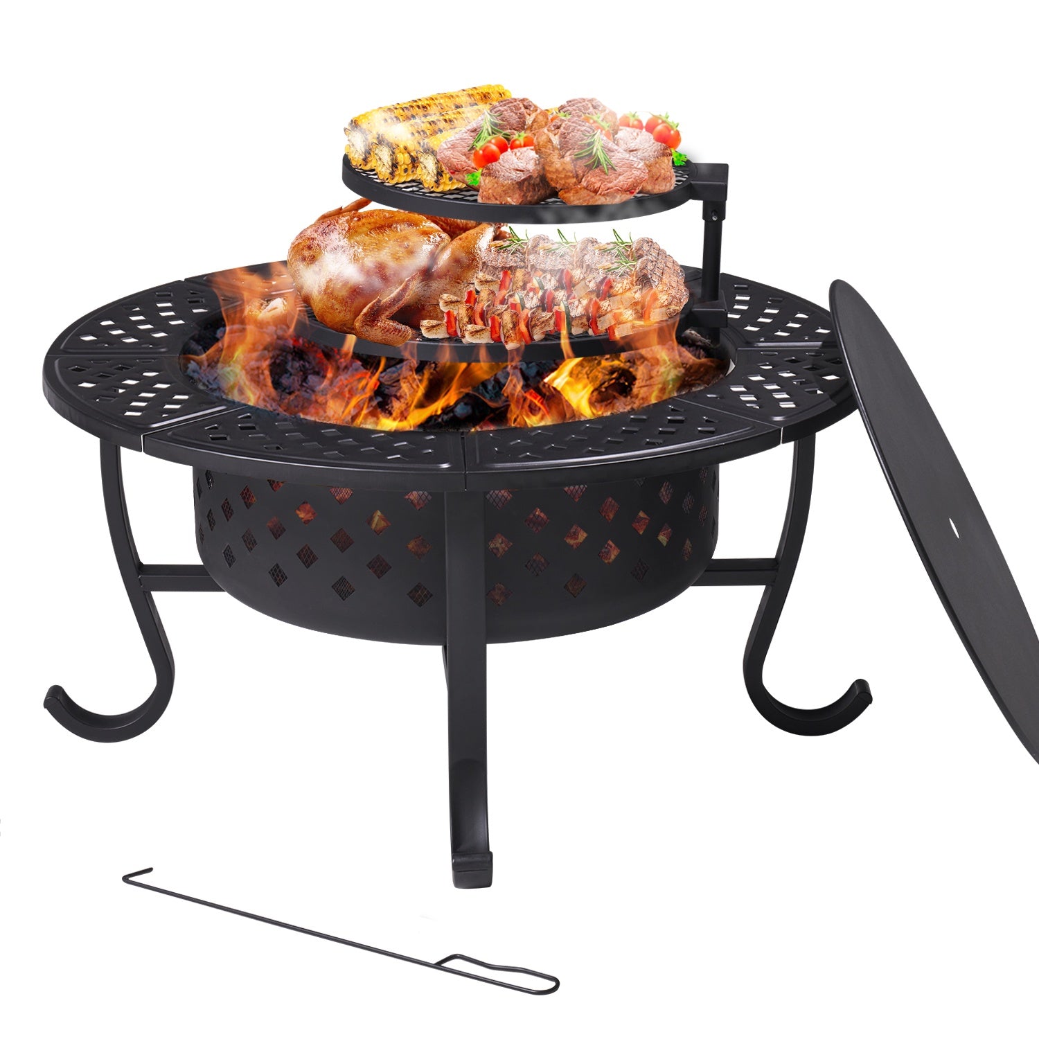 36"Metal Fire Pit with 2 Removable Cooking Swivel BBQ, Poker for Backyard, Garden