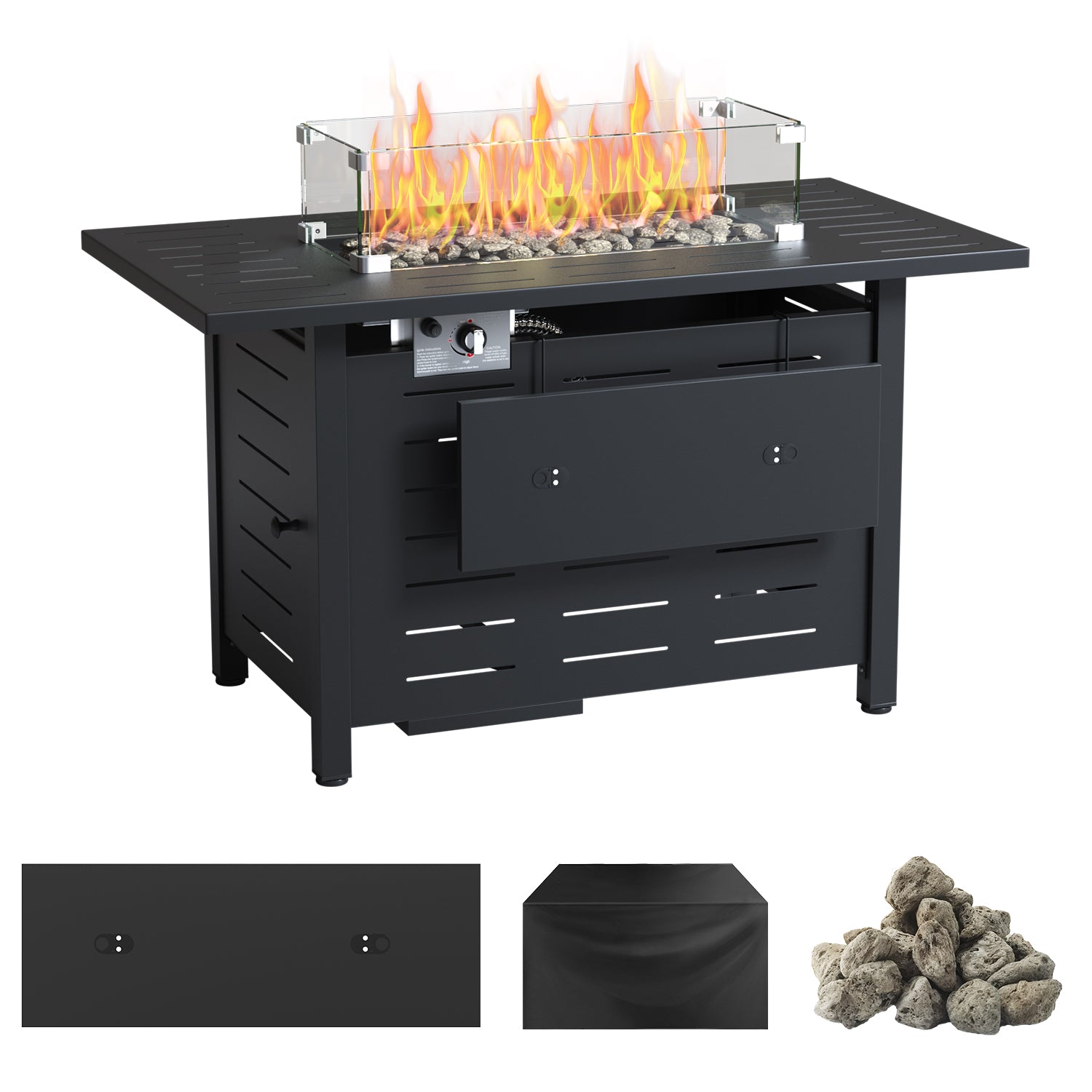 44" Propane Fire Pit Table, 50,000 BTU Auto Ignition Steel Gas Fire Pit with Removable Lid & Waterproof Cover for Patio, Backyard, Black