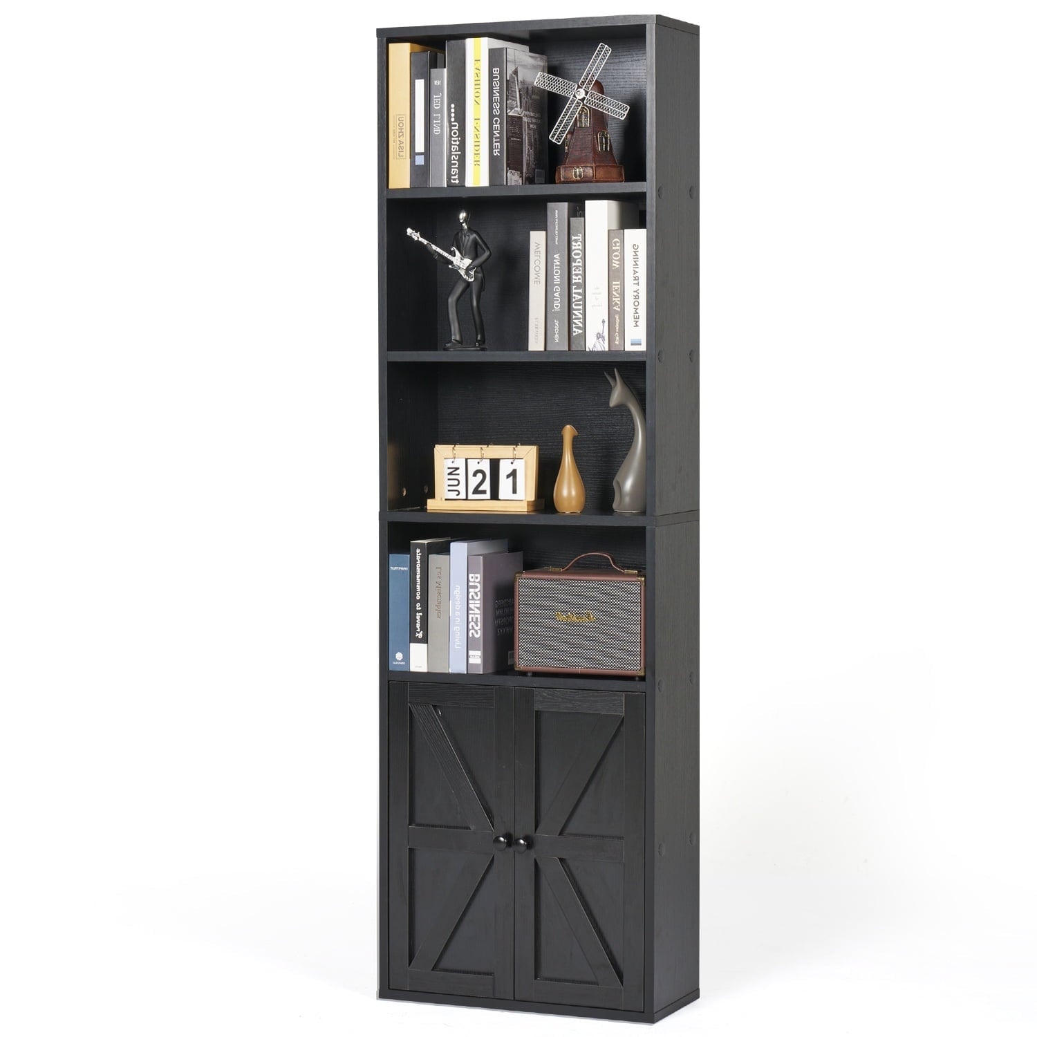 6 Shelf Bookcase with Cabinet Doors, 71in Tall Wooden Bookshelf for Living Room and Home Office, Black