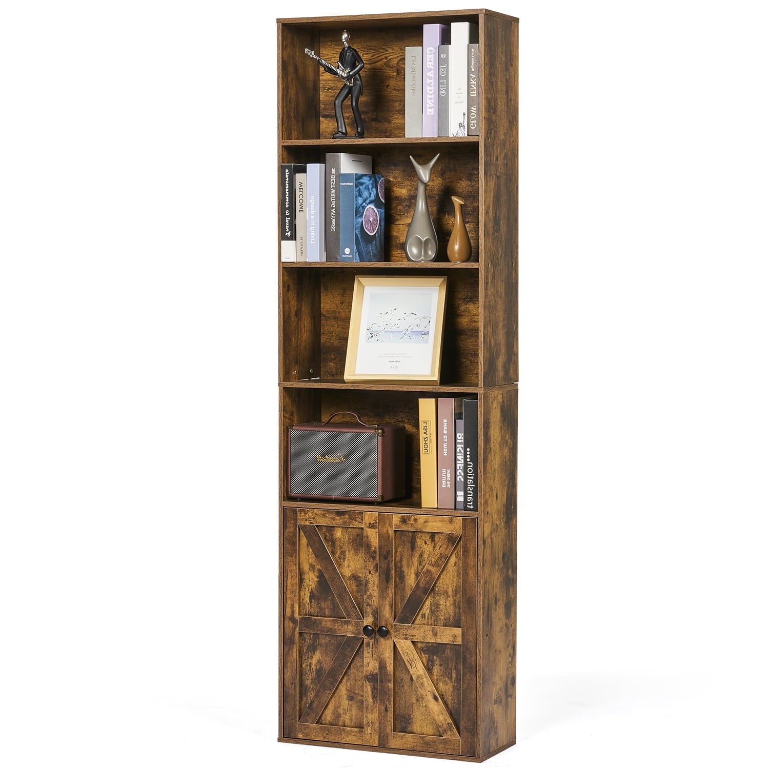 6 Shelf Bookcase with Cabinet Doors, 71in Tall Wooden Bookshelf for Living Room and Home Office, Brwon