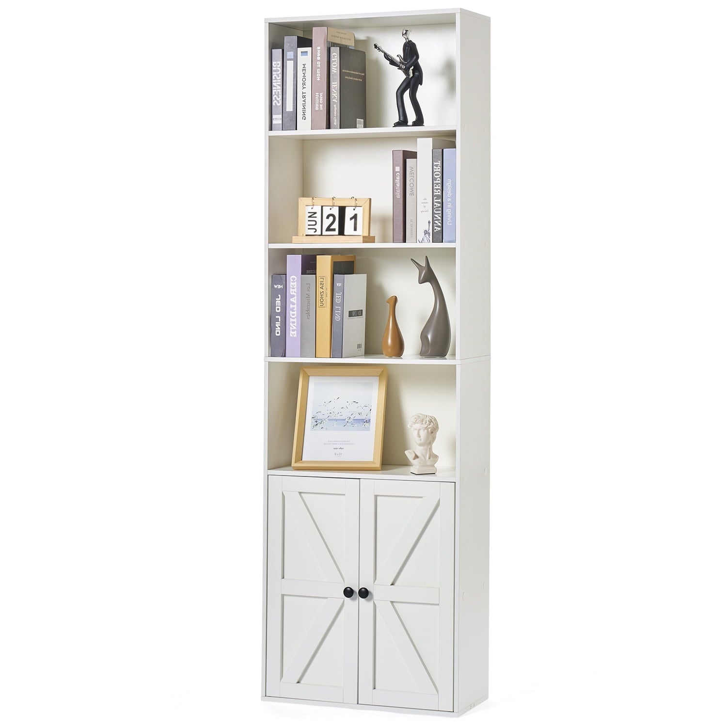 6 Shelf Bookcase with Cabinet Doors, 71in Tall Wooden Bookshelf for Living Room and Home Office, White