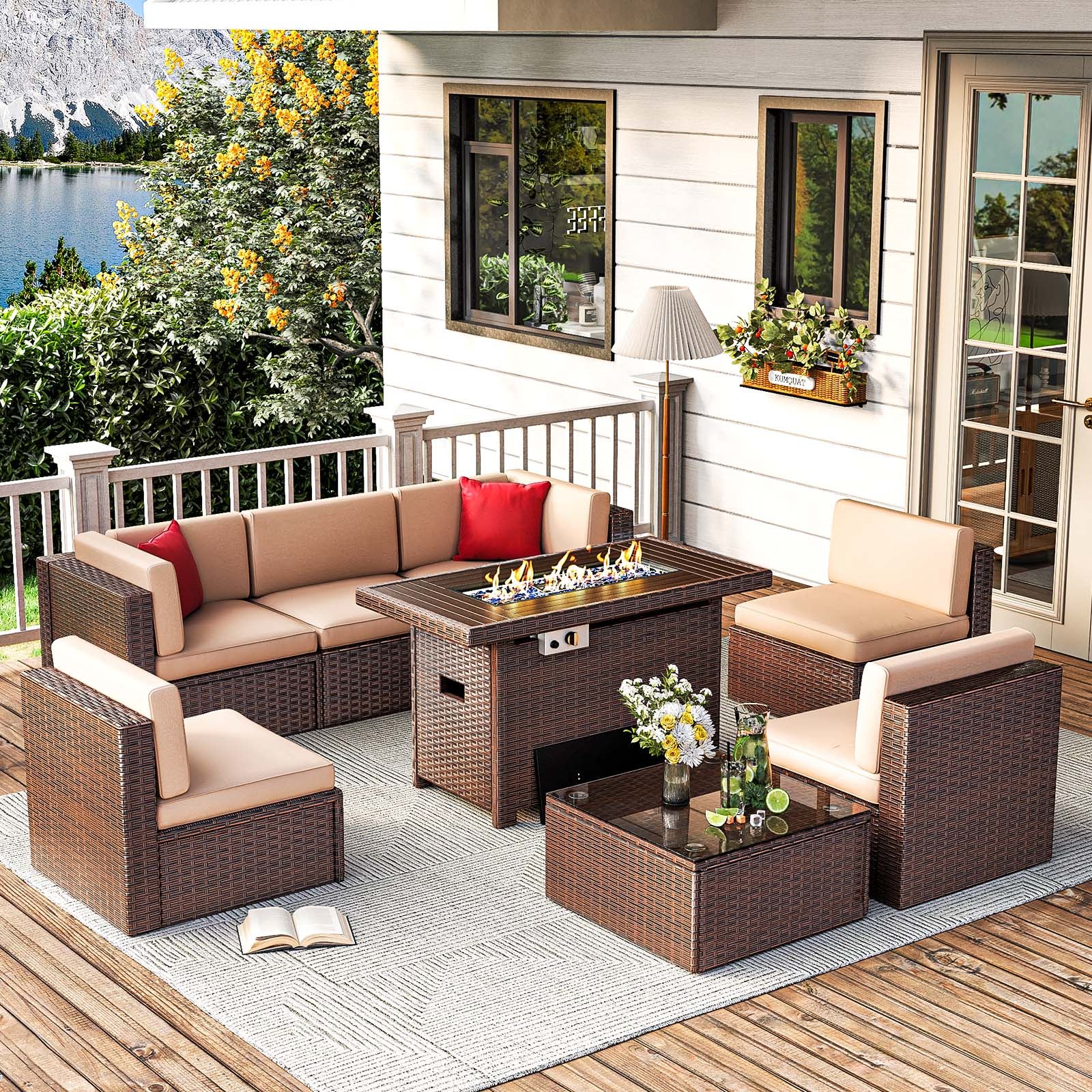 7 Pcs Patio Furniture Sets with Coffee Table, Outdoor Sectional PE Rattan Wicker Conversation Sets for Deck, Garden, Pool, Beige