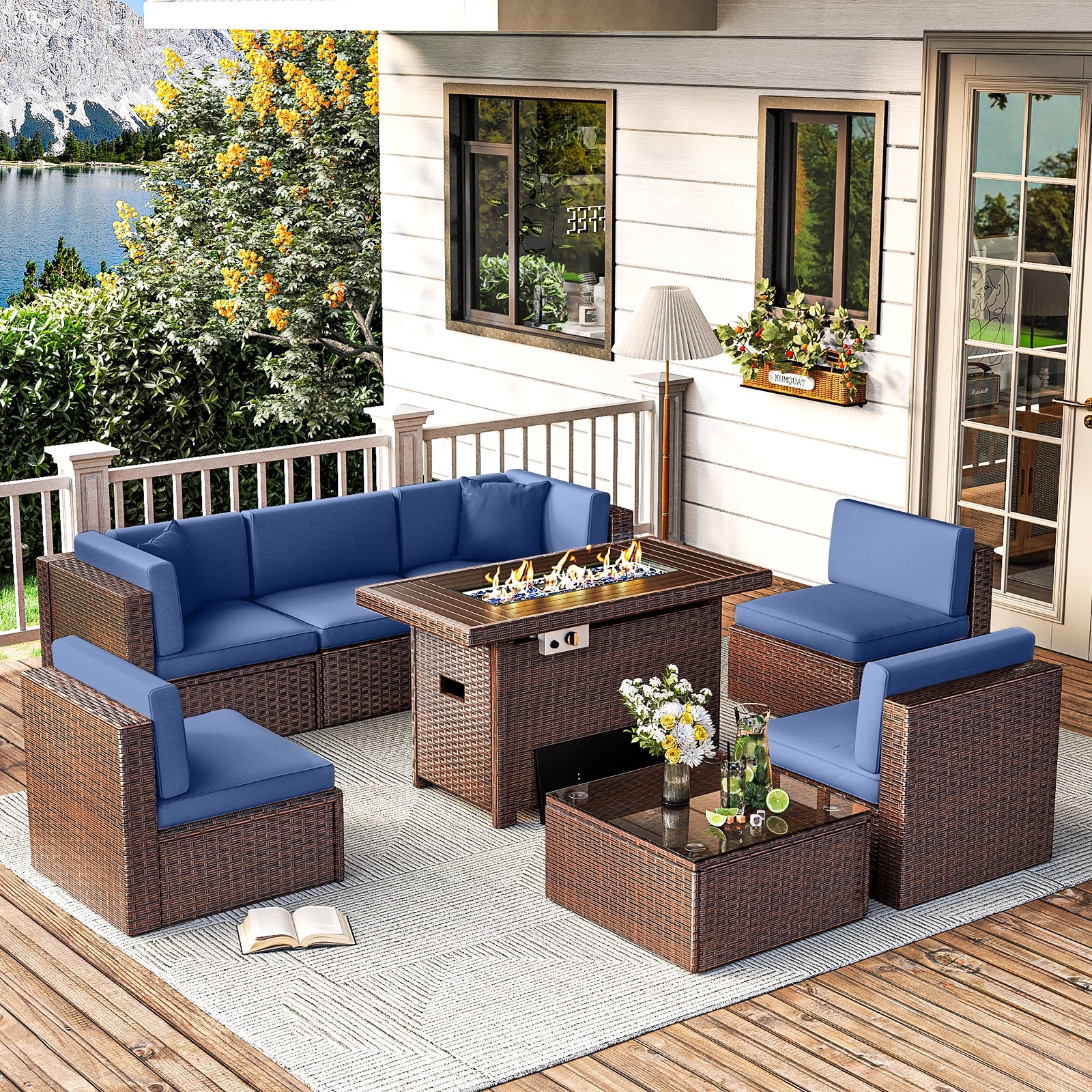 7 Pcs Patio Furniture Sets with Coffee Table, Outdoor Sectional PE Rattan Wicker Conversation Sets for Deck, Garden, Pool, Blue