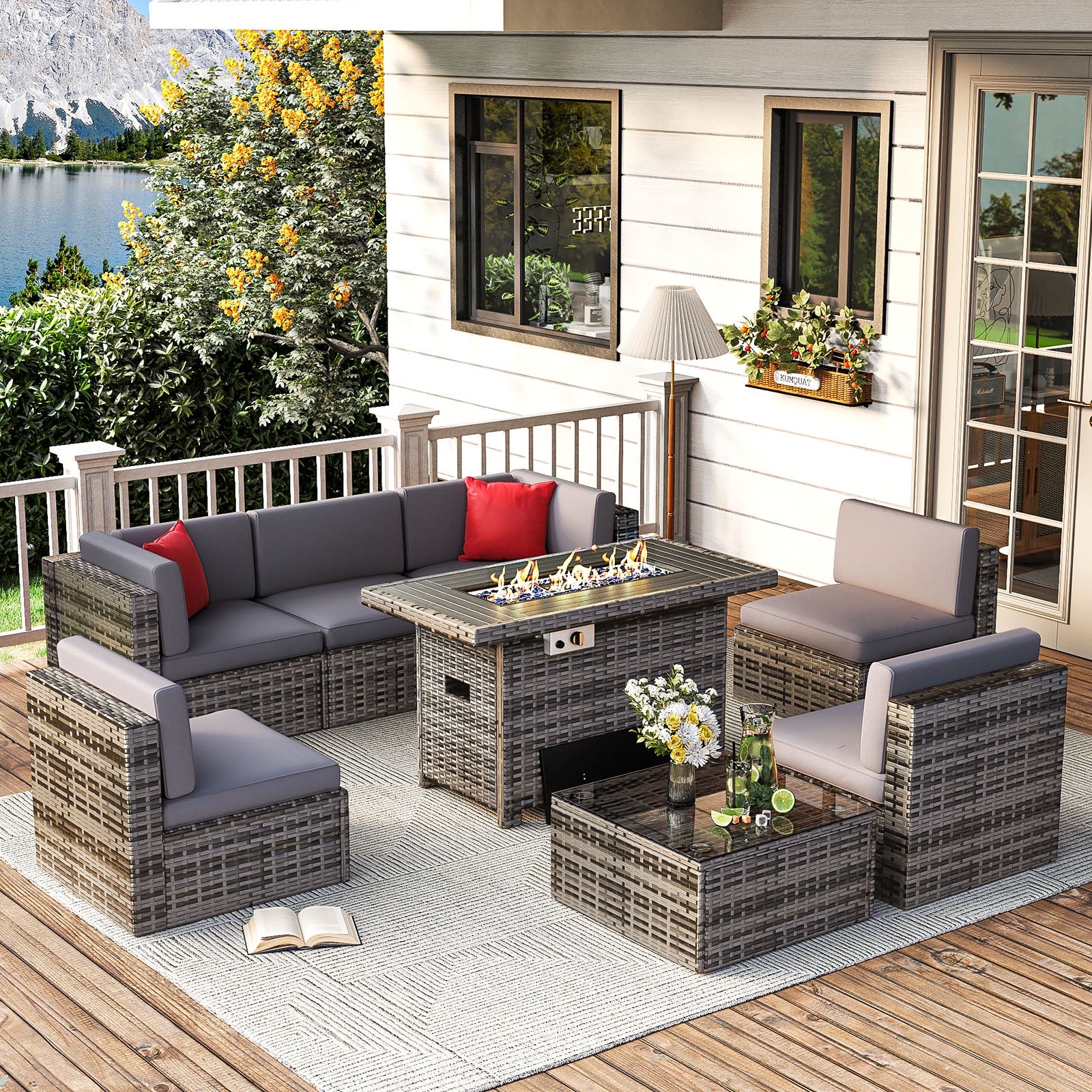 7 Pcs Patio Furniture Sets with Coffee Table, Outdoor Sectional PE Rattan Wicker Conversation Sets for Deck, Garden, Pool, Gray