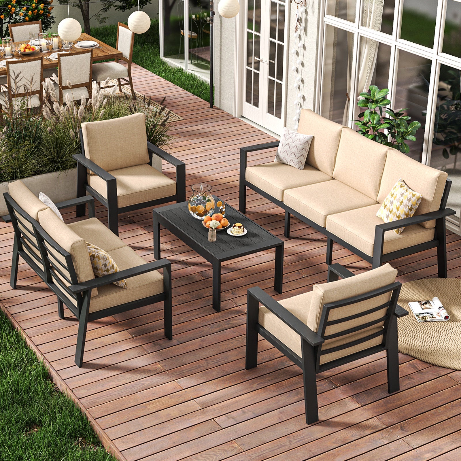 7 Seats Aluminum Outdoor Furniture Set, patio Conversation Set with Coffee Table,Beige(Include Waterproof Cover)