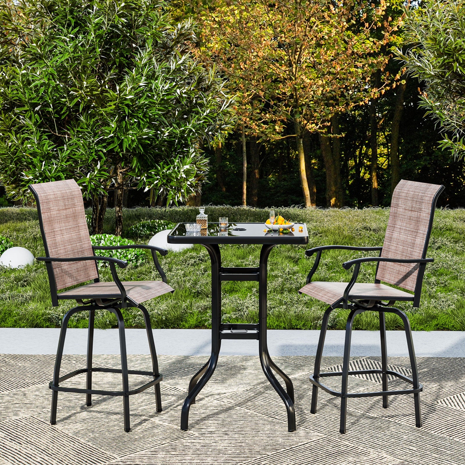 Set of 3 Outdoor Swivel Bar Stools, Patio Bar Height Set High Back and Armrest Chairs for Backyard, Lawn, Garden, Balcony,Brown