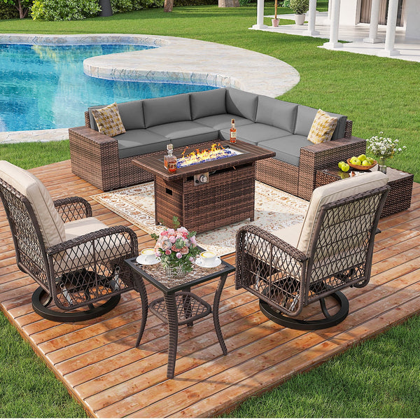 10pcs Outdoor Patio Furniture Sets with Fire Pit Table, PE Rattan Wick