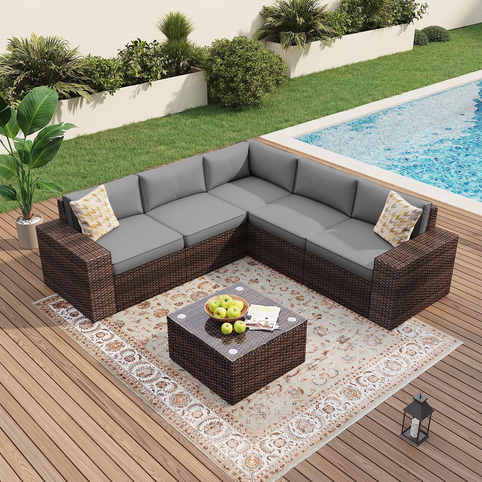 6 Pieces Outdoor Patio Furniture Sets, PE Rattan Wicker Sectional Sofa with Coffee Table for Lawn, Backyard,Balcony, Gray