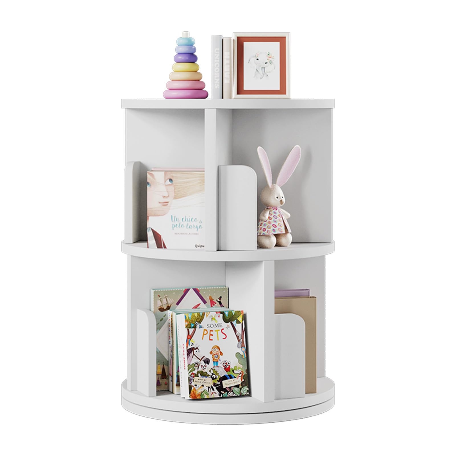 2 Tier Rotating Bookshelf, 360° Rotating Wood Floor Standing Bookcase, Freestanding Storage Shelf, Swivel Bookshelf Display Rack, White