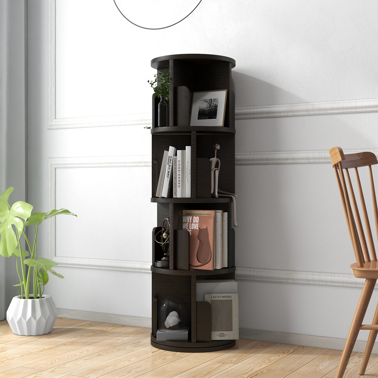 4 Tier Rotating Bookshelf, 360° Rotating Wood Floor Standing Bookcase, Freestanding Storage Shelf, Swivel Bookshelf Display Rack, Black