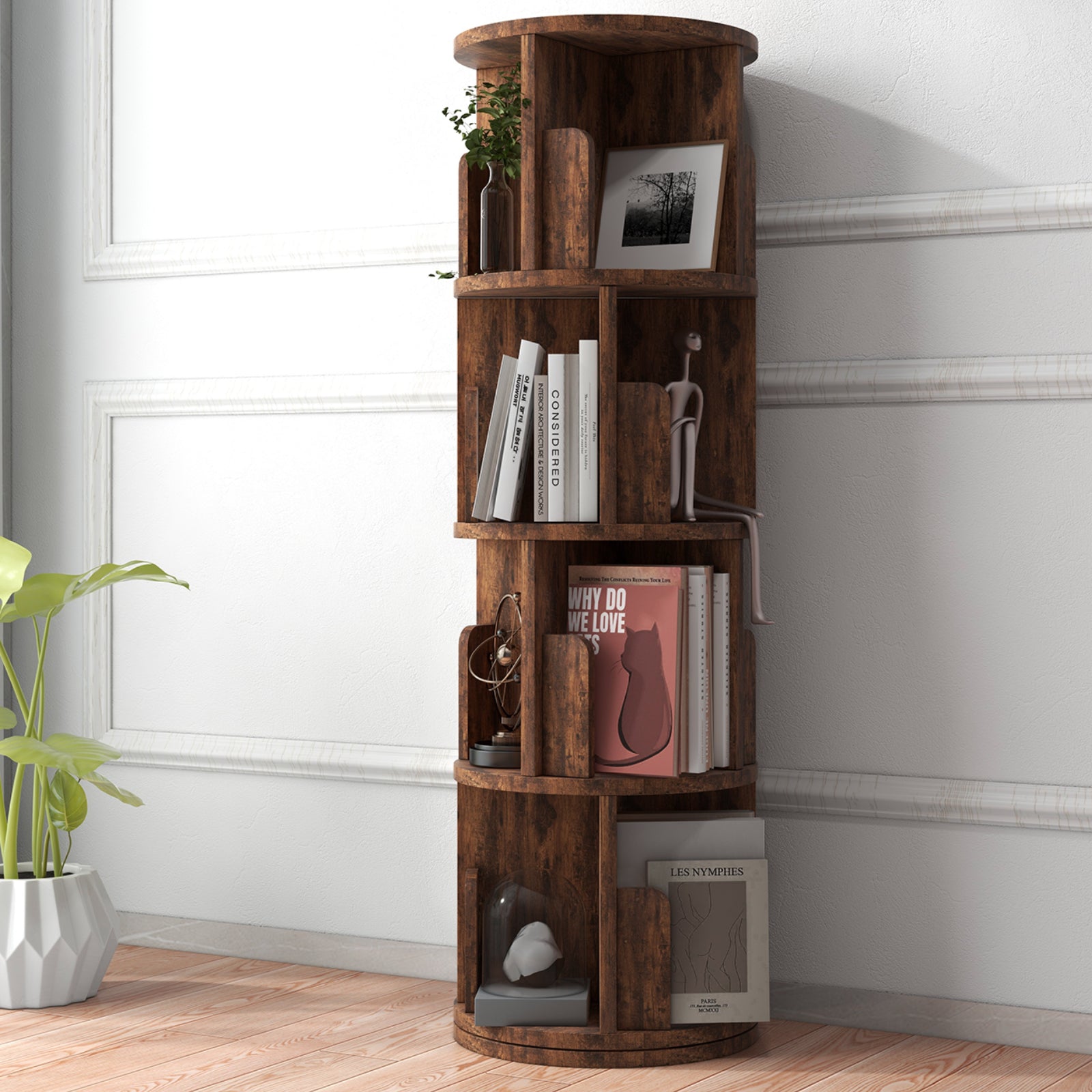 4 Tier Rotating Bookshelf, 360° Rotating Wood Floor Standing Bookcase, Freestanding Storage Shelf, Swivel Bookshelf Display Rack, Brown