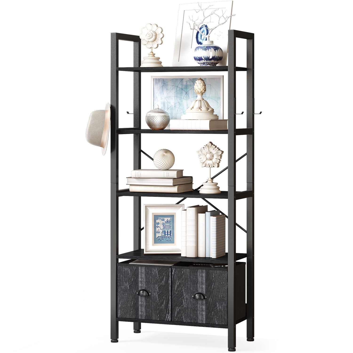 5 Shelf Bookcase with 2 Drawers, 60" Rustic Black Bookshelf for Living Room and Home Office