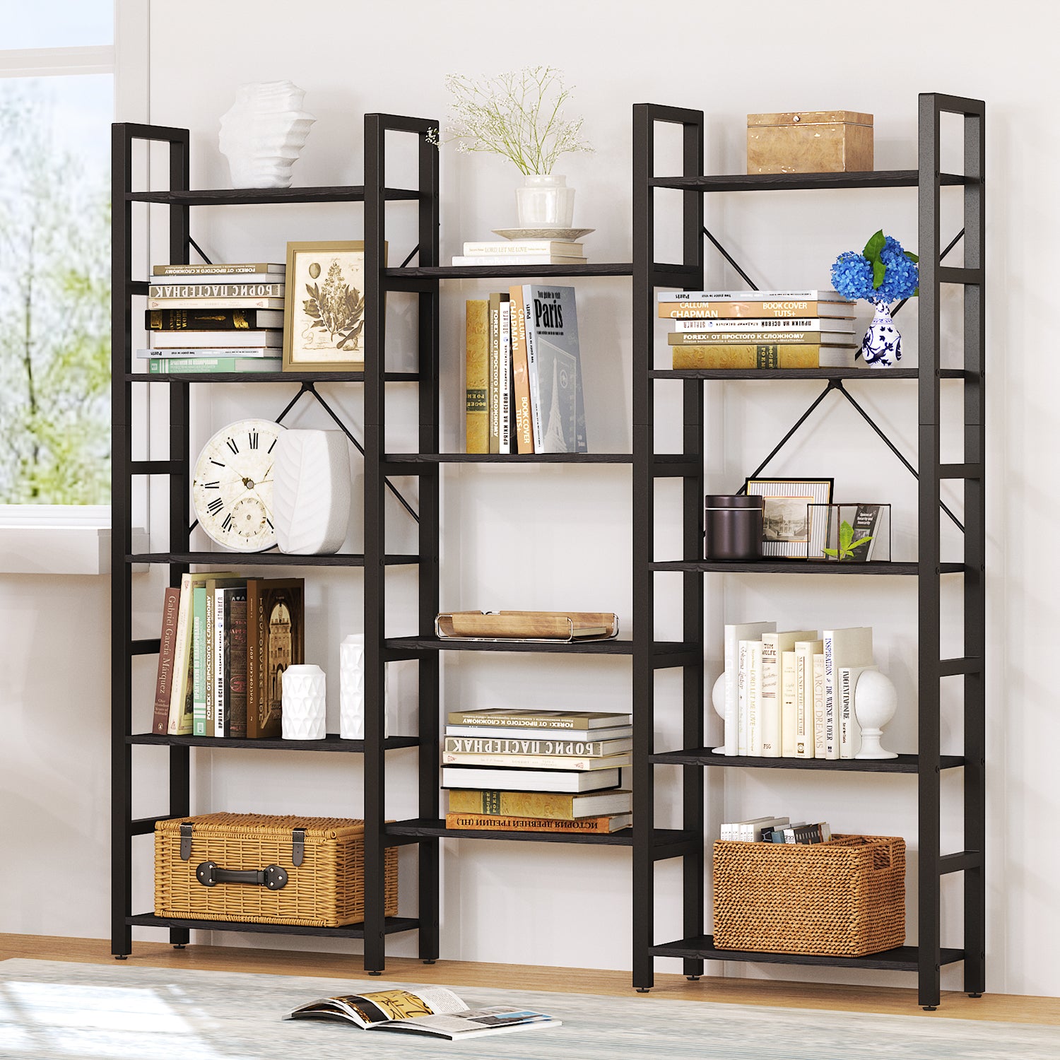 5 Tier Bookcase Triple Wide 59" Tall Bookshelf for Home Office