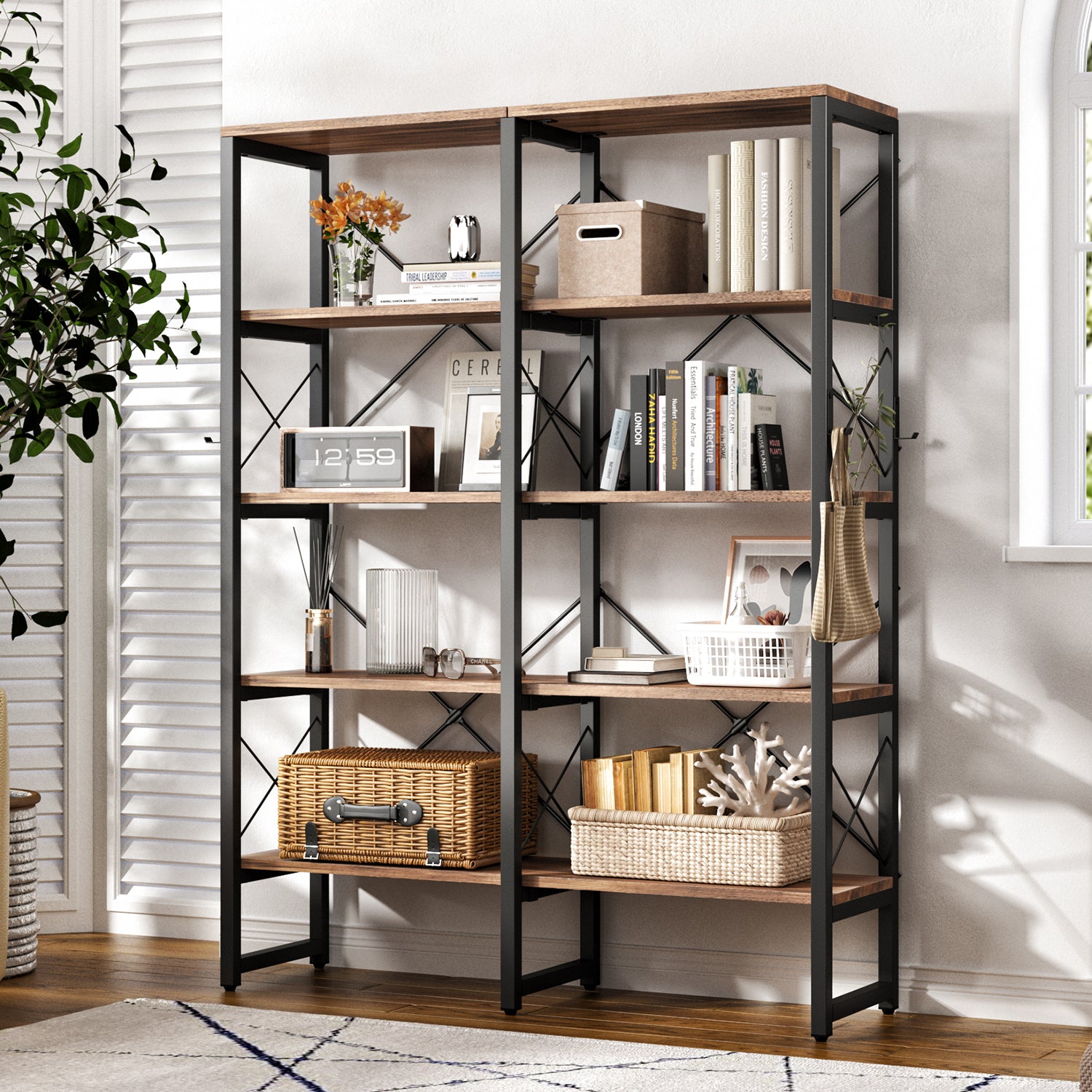 5-Tier Double Wide Bookcase with X-shape Metal Bars and Detachable Boards, Brown