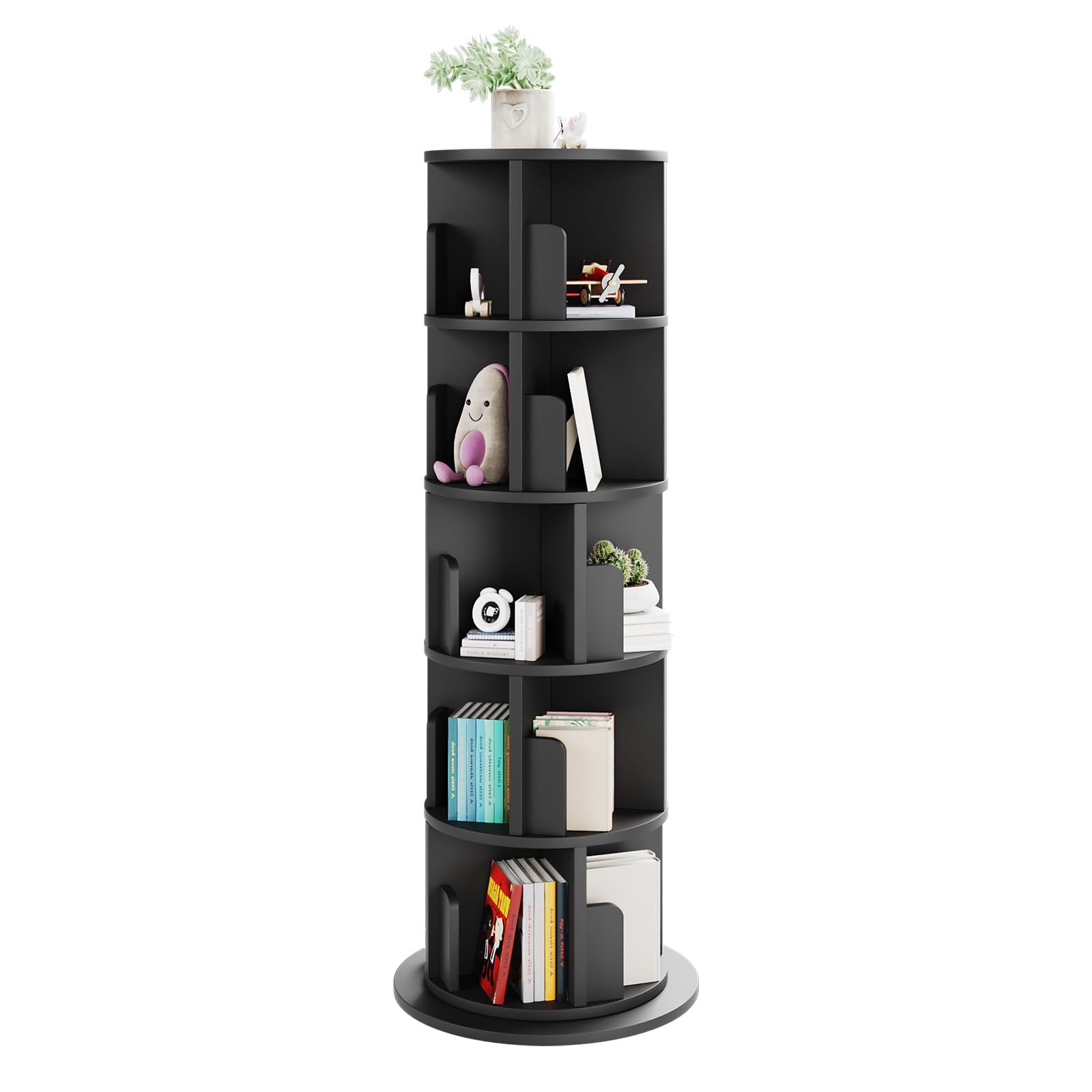 5 Tier Rotating Bookshelf, 360° Rotating Wood Floor Standing Bookcase, Freestanding Storage Shelf, Swivel Bookshelf Display Rack, Black