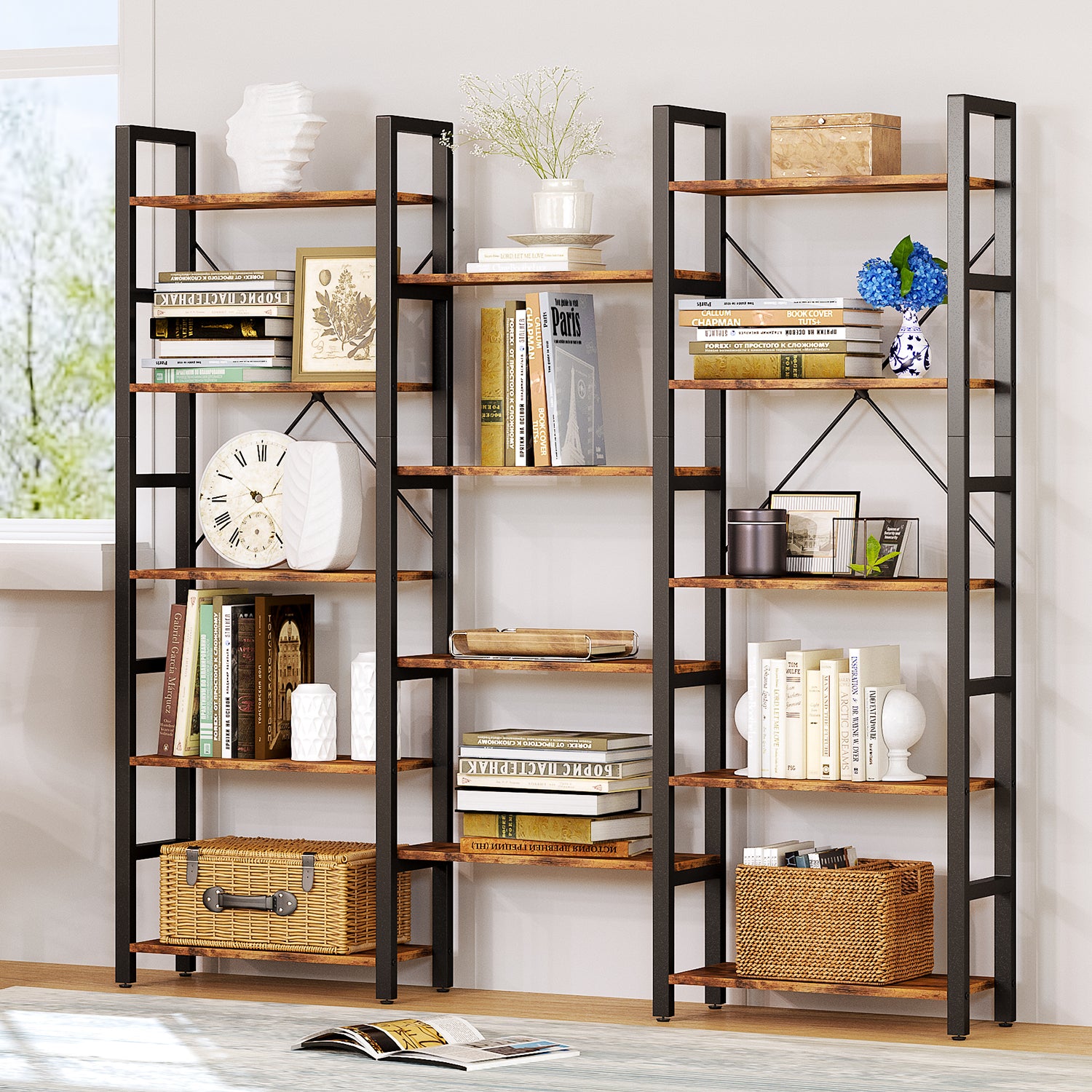 5 Tiers Triple Wide Corner Bookcase with 17 High Quality Solid Open Shelves, Rustic Brown