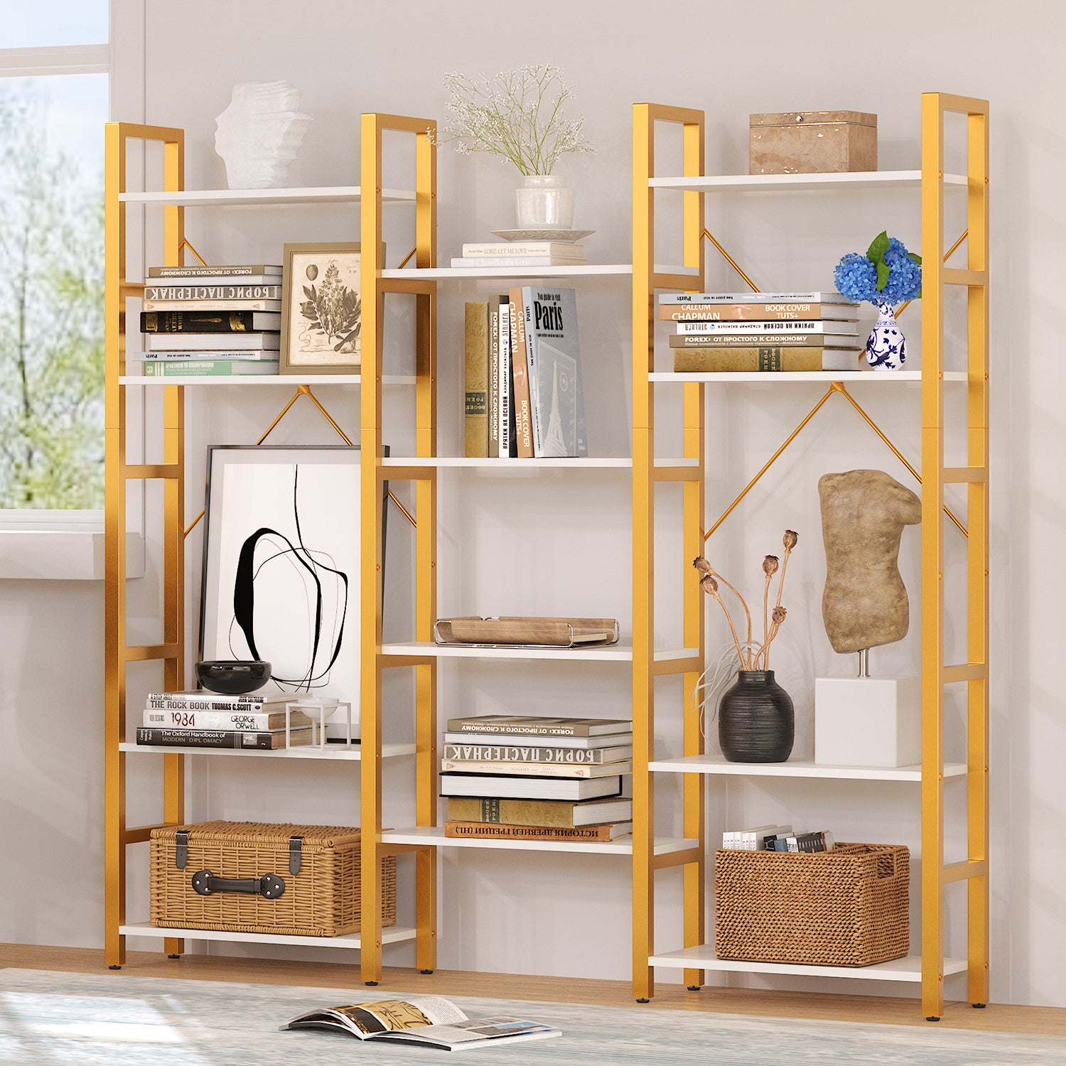 5-tier Bookcase Triple Wide 59" Tall Bookshelf for Home Office, Gold