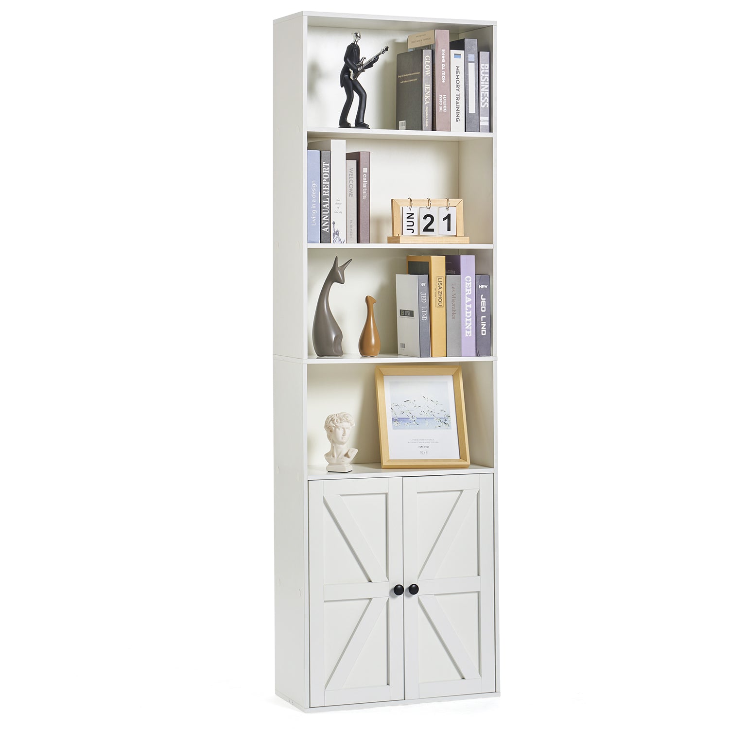 6 Shelf Bookcase with Cabinet Doors, 71in Tall Wooden Bookshelf for Home Office, White