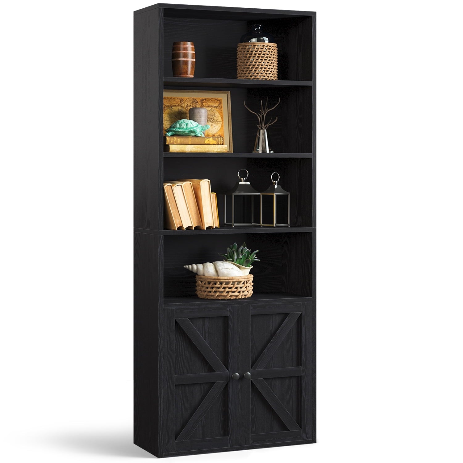 6 Shelf Bookcase with Doors 71in Tall Bookshelf for Home Office, Black