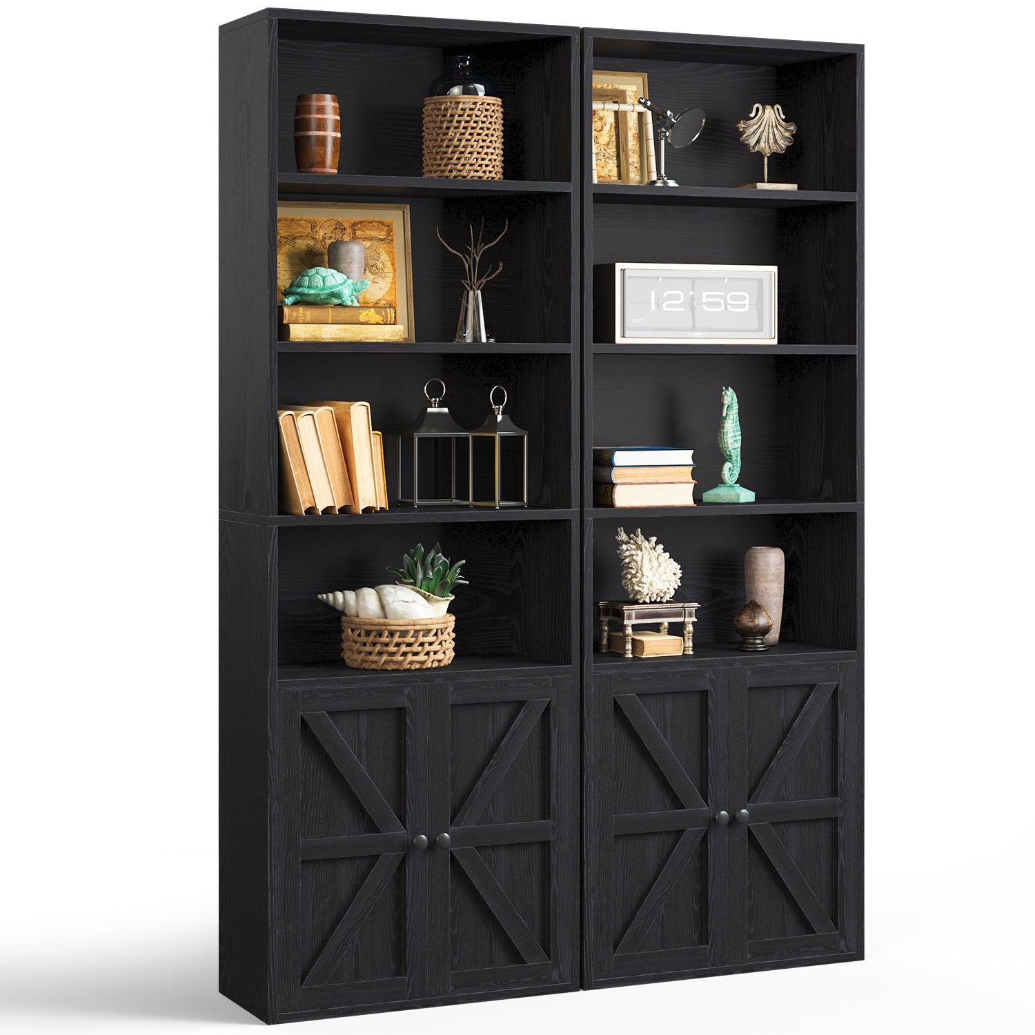 6 Tier Bookcase Set of 2, Bookshelves with Barn Cabinet Doors, Floor Bookshelves for Home Office, Living Room, Black