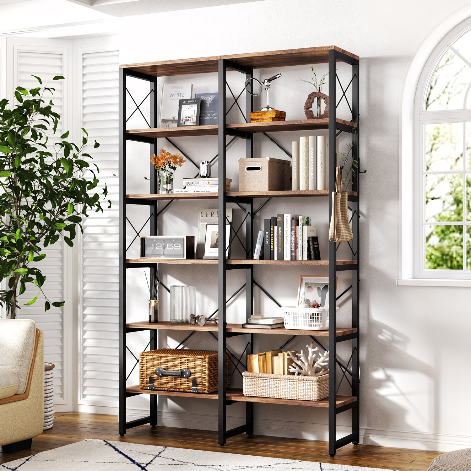 6-Tier Double Wide Bookcase with X-shape Metal Bars and Detachable Boards, Brown