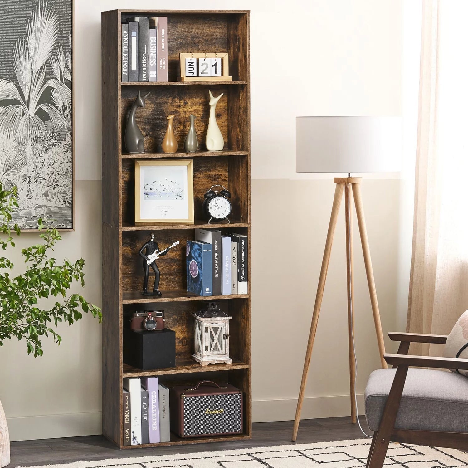 6-Tier Tall Narrow Bookcase for Home Office, Brown