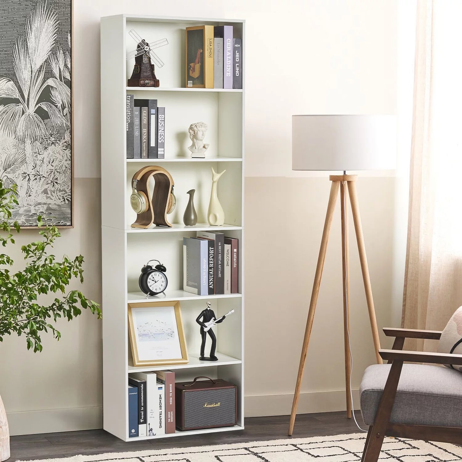 6-Tier Tall Narrow Bookcase for Home Office, White