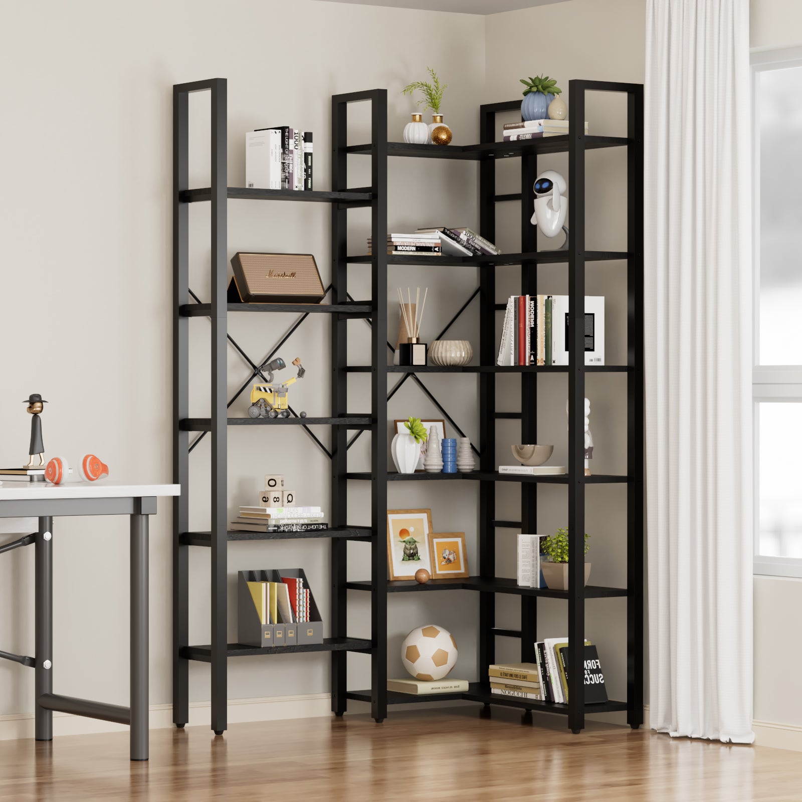 6 Tiers Triple Wide Corner Bookcase with 17 High Quality Solid Open Shelves, Black