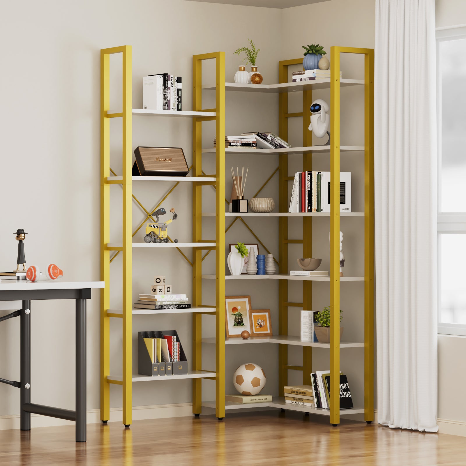 6 Tiers Triple Wide Corner Bookcase with 17 High Quality Solid Open Shelves, Gold