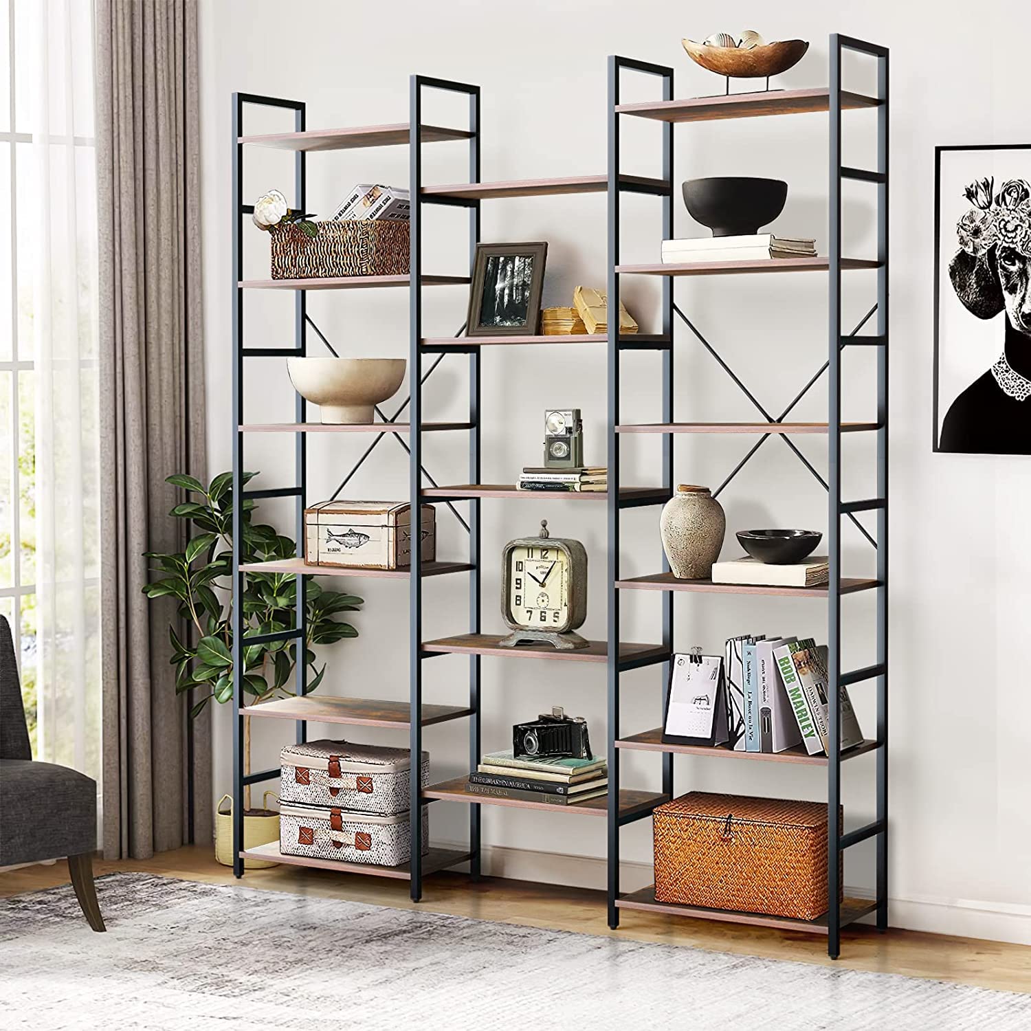 6 Tiers Triple Wide Corner Bookcase with 17 High Quality Solid Open Shelves, Rustic Brown