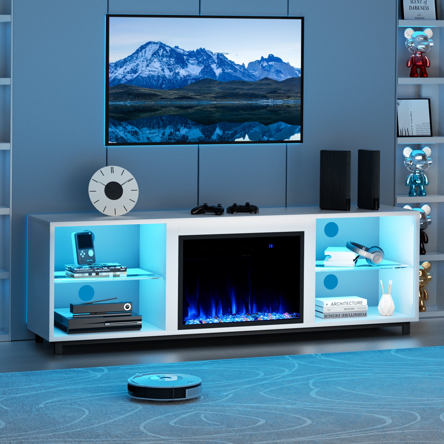 68'' Fireplace TV Stand for 75'' TV, with 23" Electric Fireplace, LED Light Entertainment Center, White