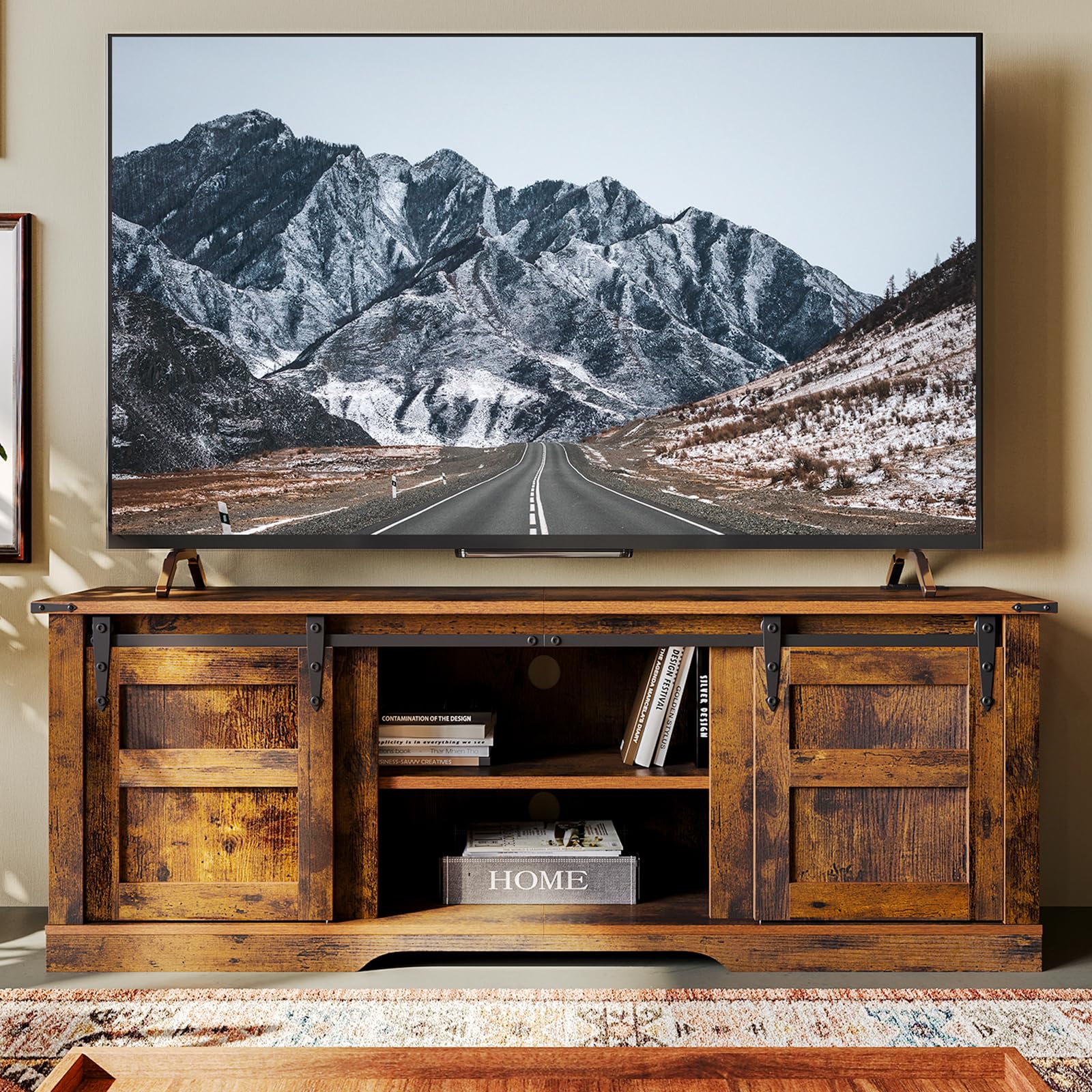 Brown Modern Farmhouse Barn Door TV Stand for TVs up to 65", with Large Storage Space, for Living Room, Bedroom