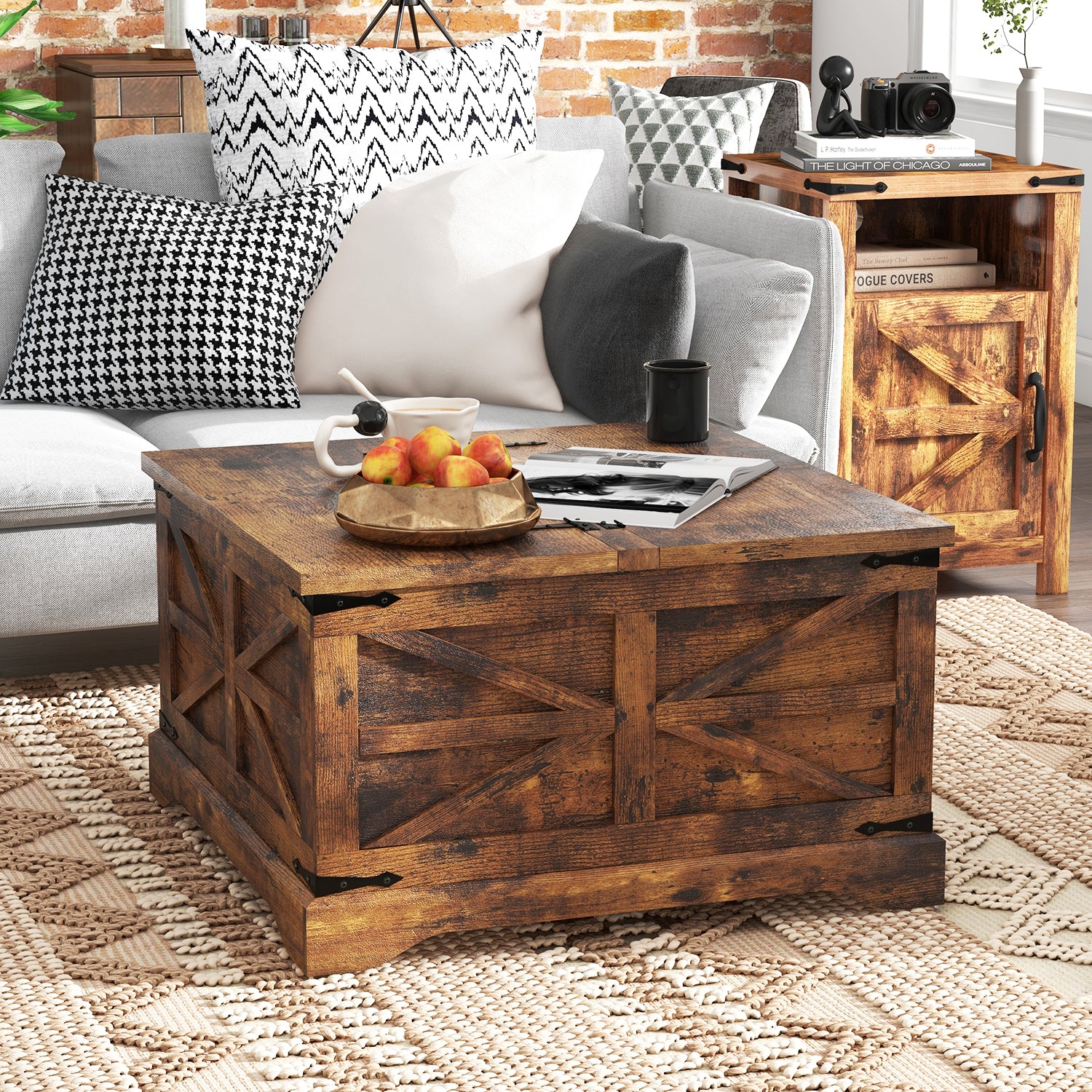 Farmhouse Coffee Table, Square Wood Center Table with Large Storage Space, Metal Corners for Living Room, Brown