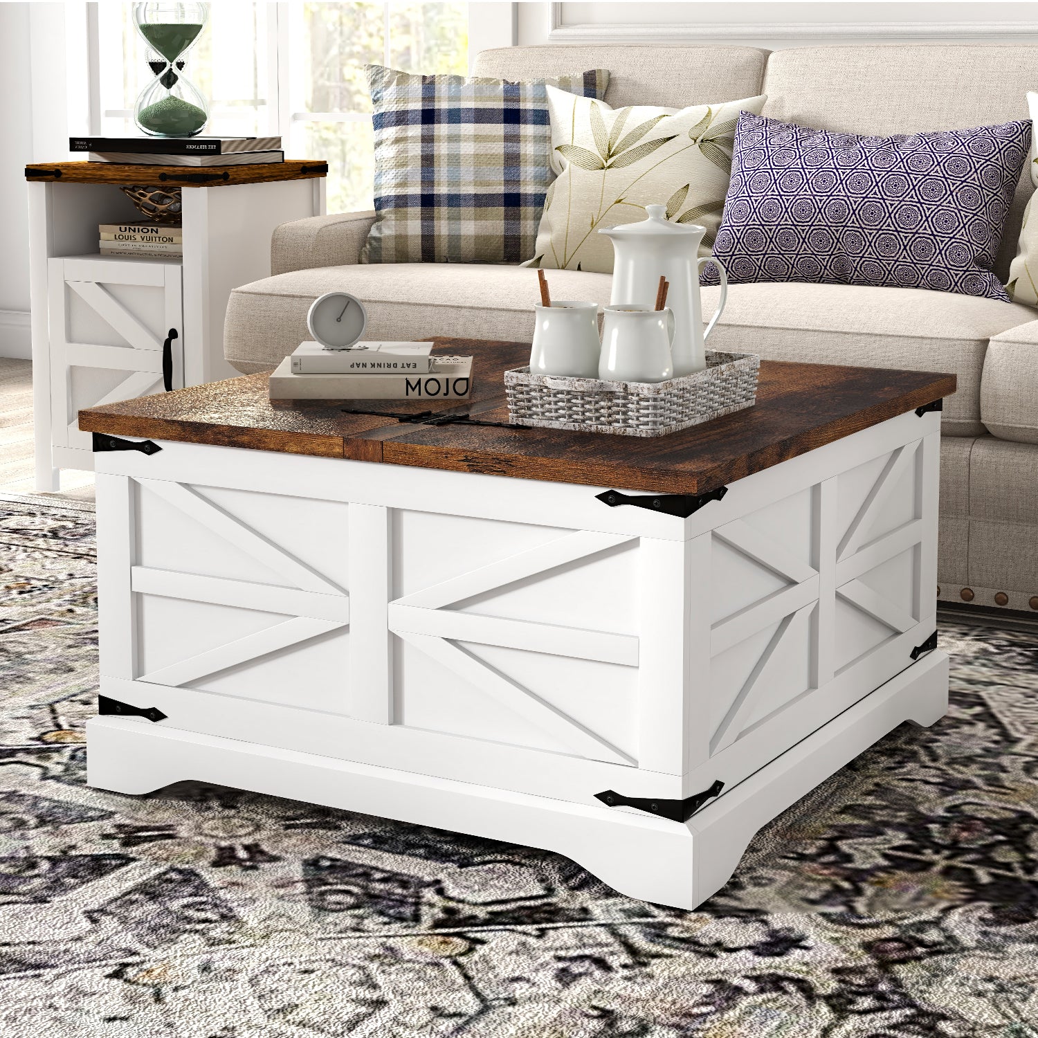 Farmhouse Coffee Table, Square Wood Center Table with Large Storage Space, Metal Corners for Living Room, White