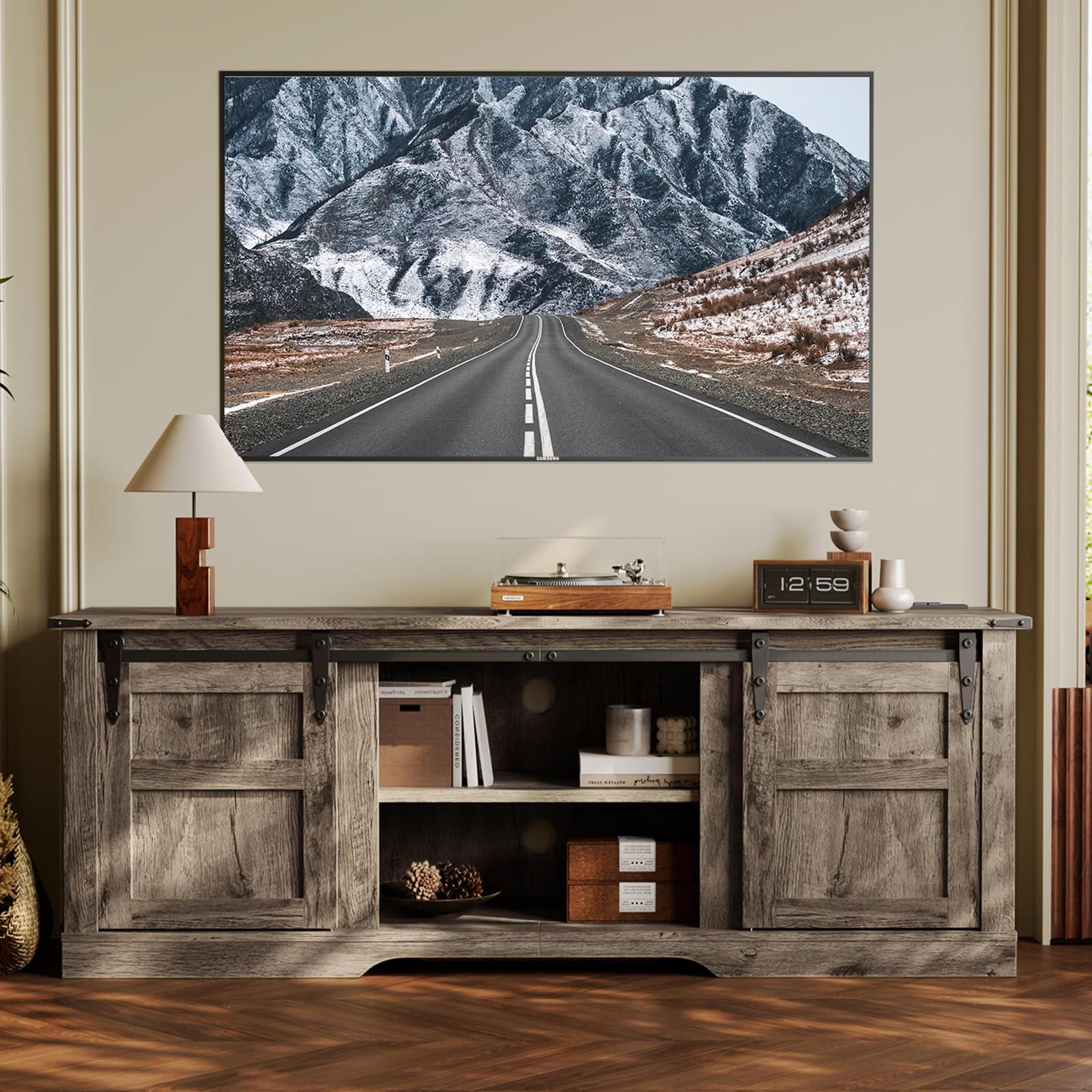 Farmhouse TV Stand for 65” TV, Entertainment Center with Storage Cabinets and Sliding Barn Doors, Rustic Media TV Console Table for Living Room, Gray