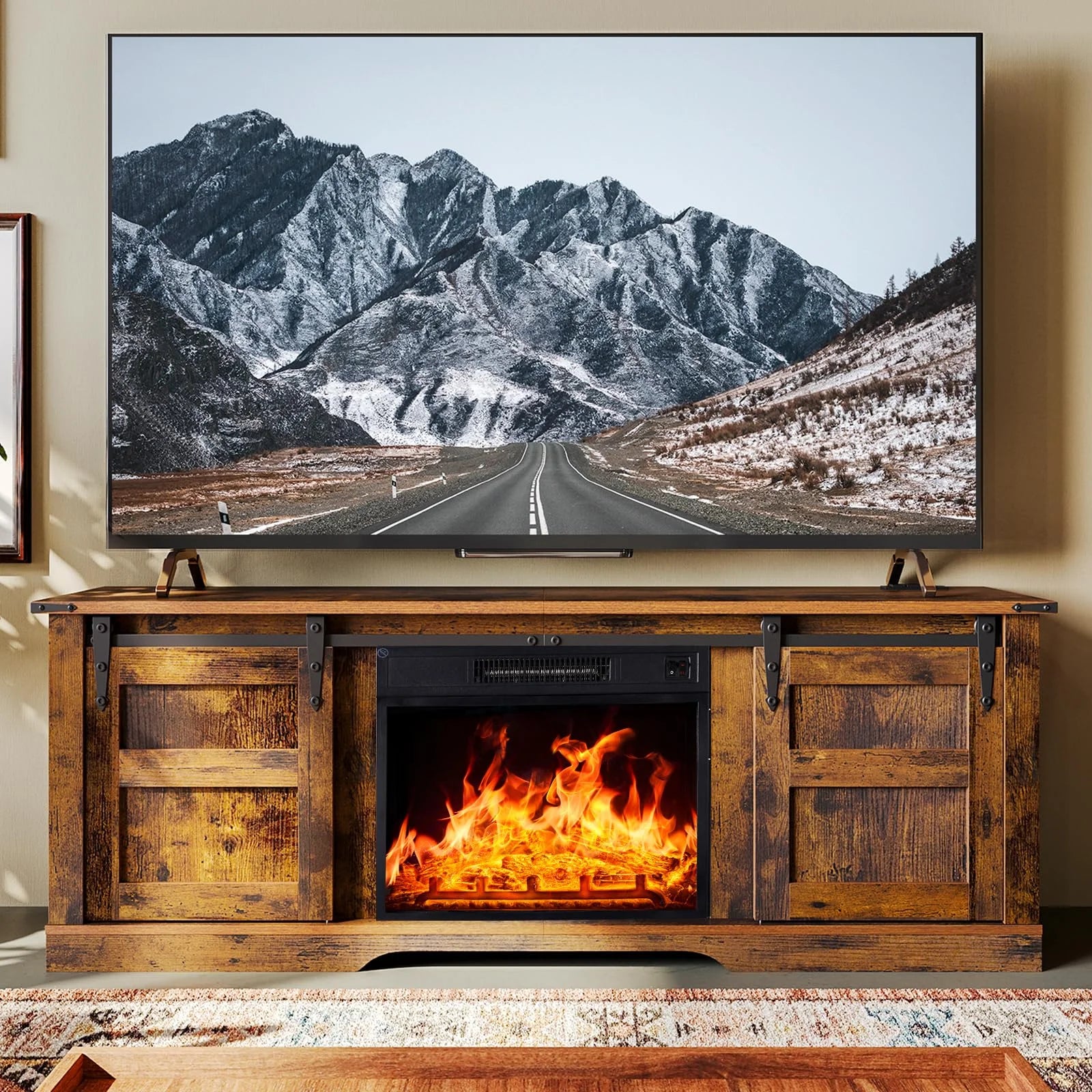 Fireplace TV Stand with 18” Electric Fireplace, Farmhouse 58” TV Console Stand for TVs Up to 65", Entertainment Center for The Living Room TV Stand, Brown